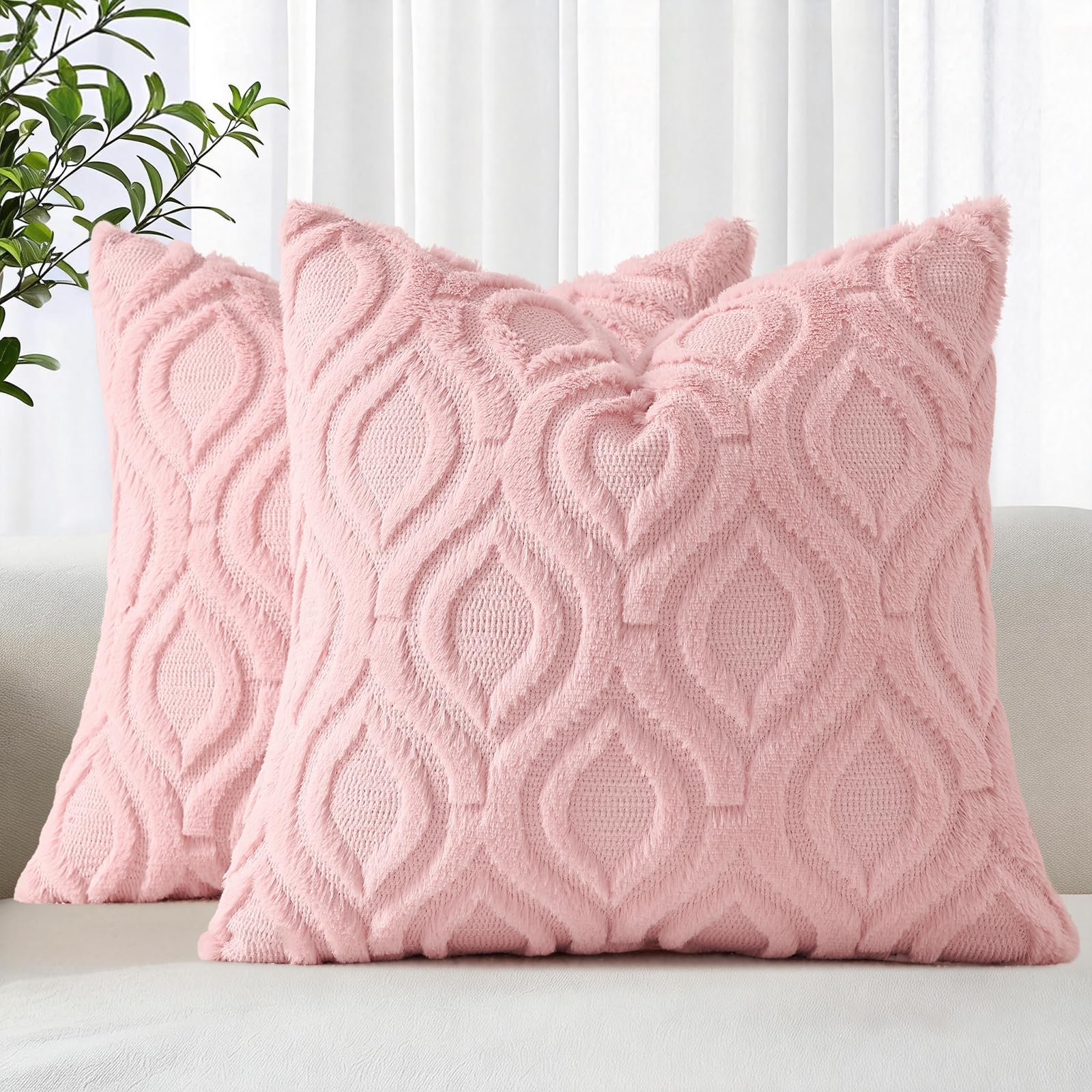 decorUhome Faux Fur Plush Soft Pink Throw Pillow Covers 18x18 Set of 2