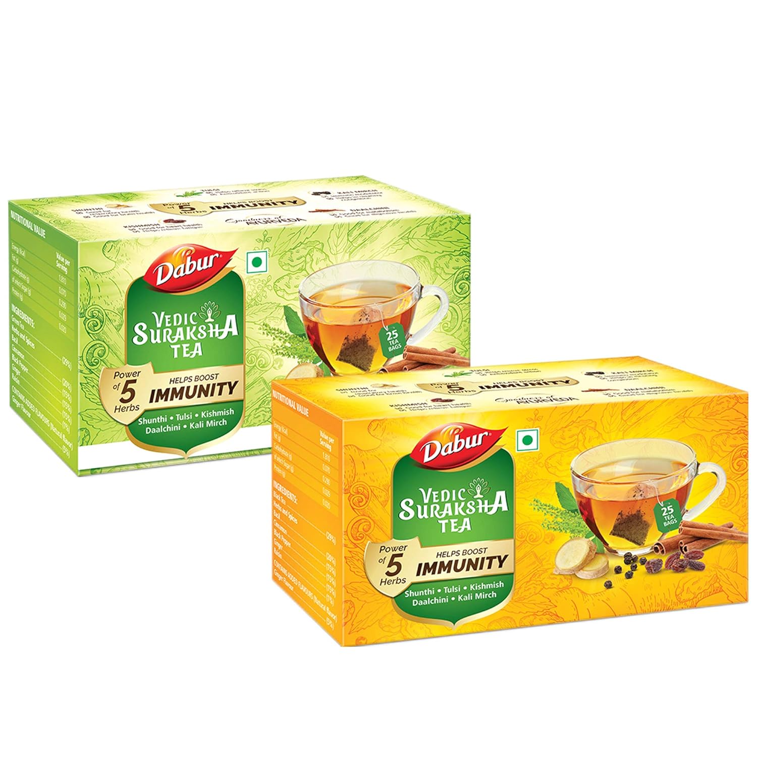 Dabur Vedic Suraksha Tea Assorted Pack Green And Black Tea Bag, 25 Gm