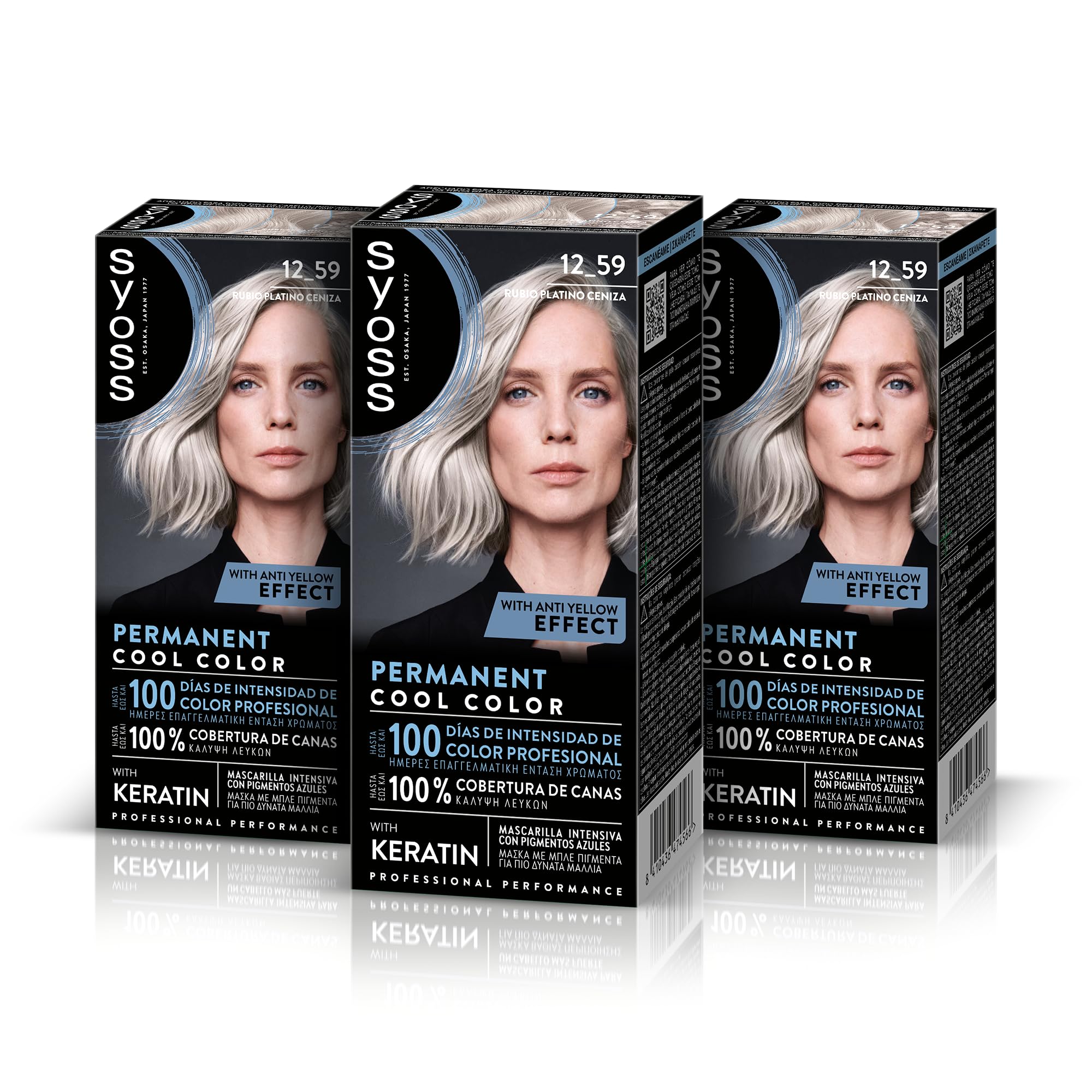 SYOSS Permanent Cool Color 12-59 Rubio Platino Ceniza, tinte de pelo matizador y mascarilla intensiva con keratina, para una cobertura profesional de canas, color duradero, Pack 3