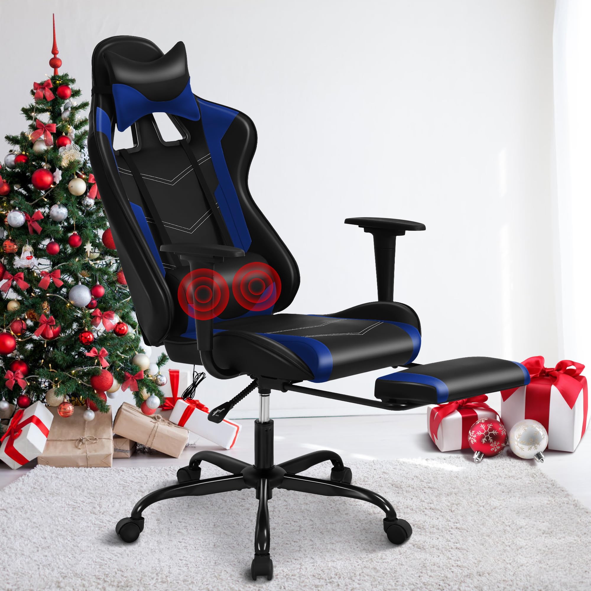 Blue Massage Gaming Chair with Footrest, PU Leather Gaming Chairs for Adults, High Back Office Chair Ergonomic Desk Chair Computer Chair, Reclining