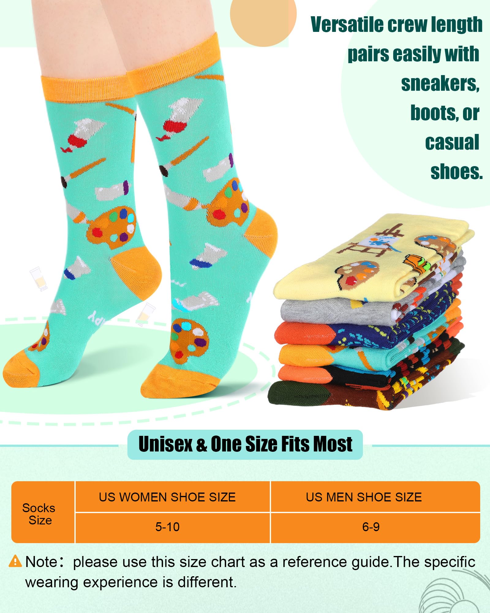 Berlune 6 Pairs Artist Socks for Women Men Funny Painting Crew Socks, Novelty Art Gifts for Painters, Art Teachers, Students