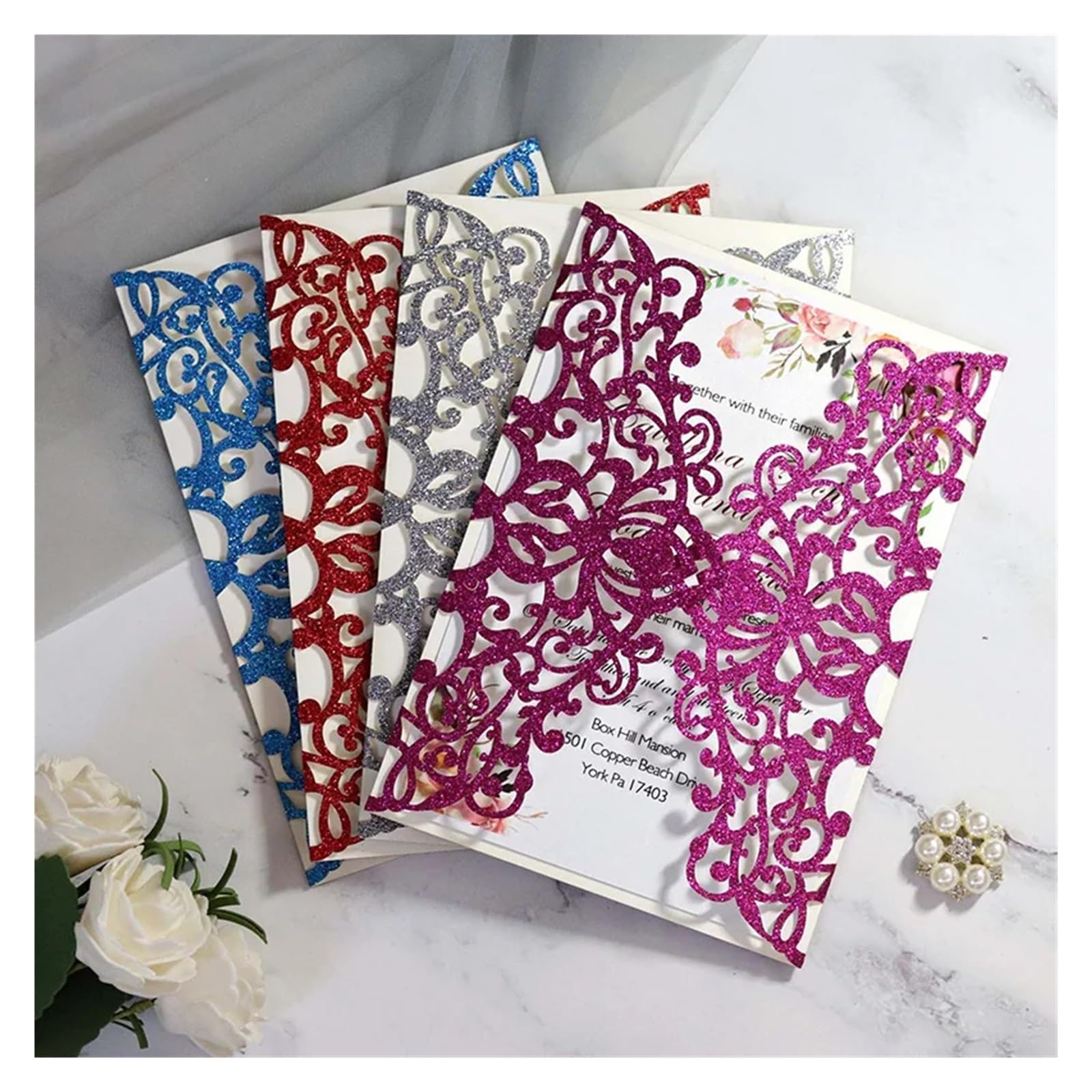 Invitaciones Boda 25/50pcs Glitter Paper Wedding Invitations Card Lace Flower Greeting With Ribbon Brithday Party Supplies(Only Silver Cover,50pcs)