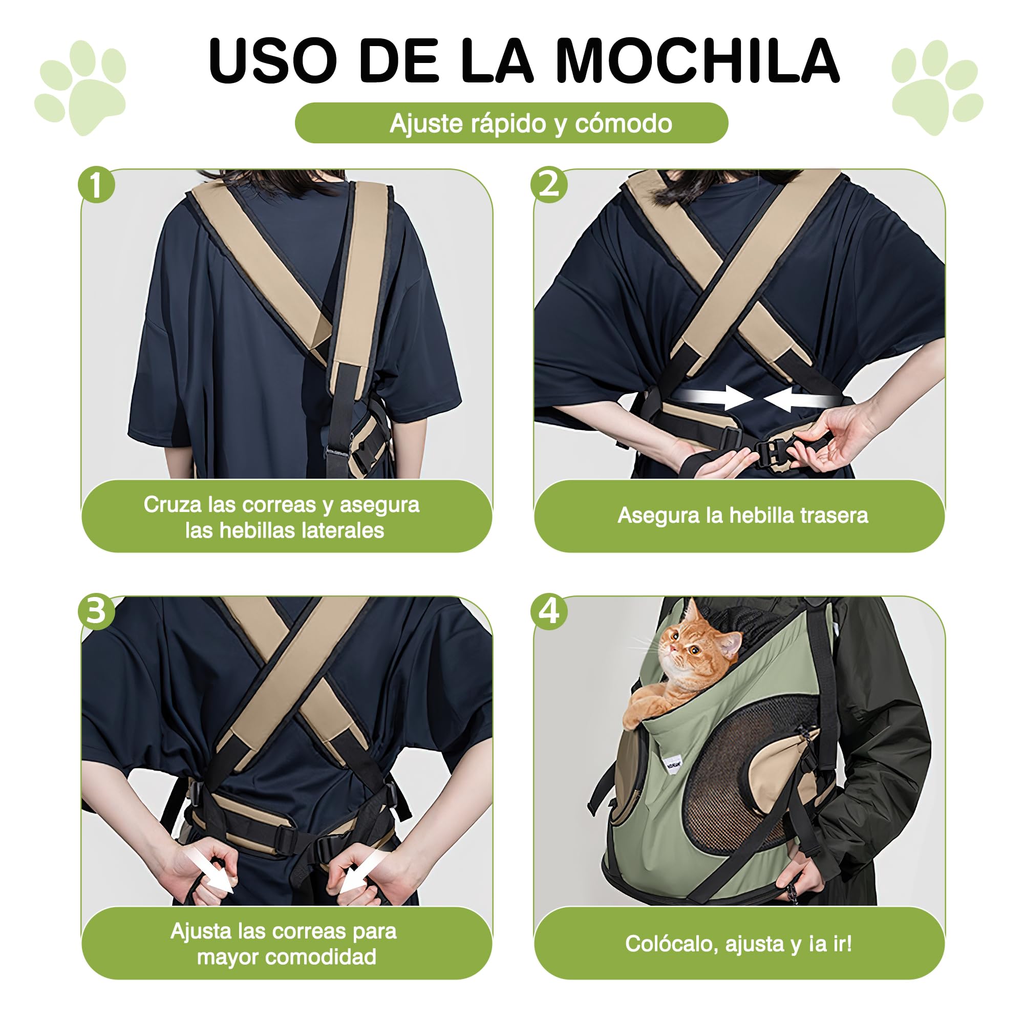 ALLSOPETS Mochila Gato Perro, Mochila Transportadora Frontal Portátil para Mascotas, Correa de Seguridad Incorporada, Diseño Ergonomico, Ideal para Viajes en Moto (Verde Oliva)