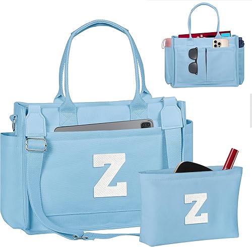 Miniatura 135 de Easter Basket Stuffers, Initial Tote Bag with Makeup Bag, Birthday Gifts for Women, Teen Girl Gifts Trendy Stuff Beige,Negro