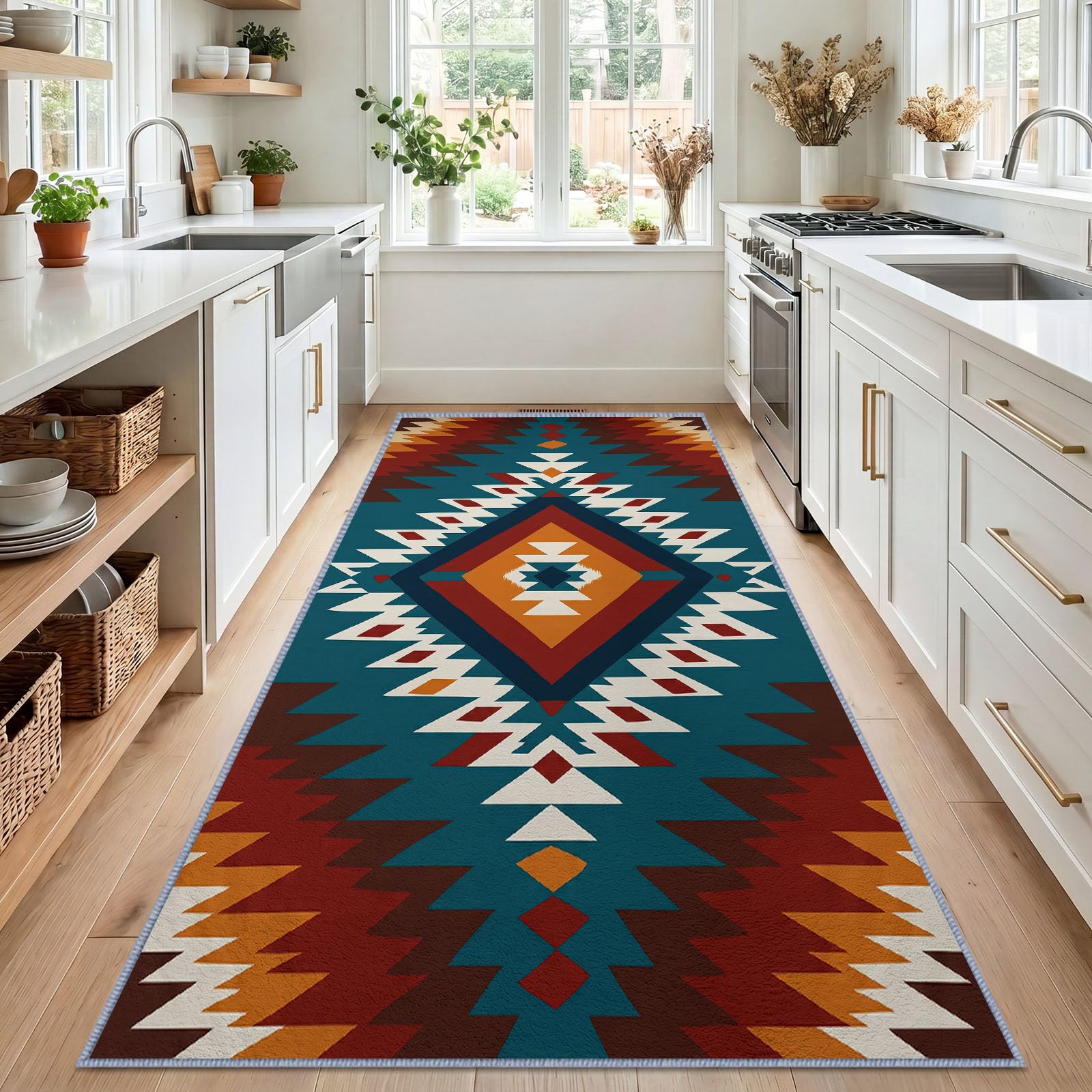 Dywan do przedpokoju 80 x 240 cm Aborygenów Amerykański Południowy Zachód, Tekstura Ręcznie tkany dywan Kilim Antypoślizgowy dywanik kuchenny i wejście, można prać w pralce, miękkie włosie, duży dywan