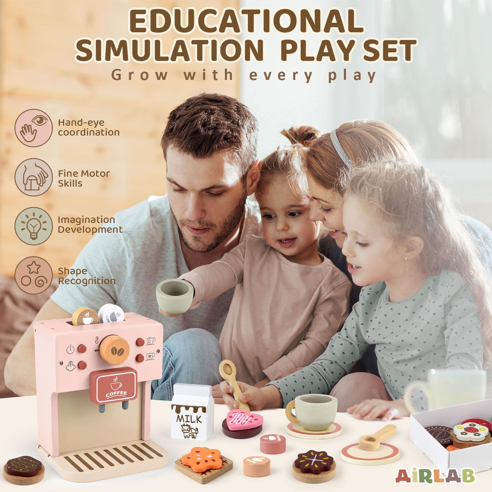 Airlab Drewniana Zabawka do Ekspresu do Kawy, Zestaw Akcesoriów Kuchennych dla Dzieci, Prezent na Urodziny 3-5+ lat