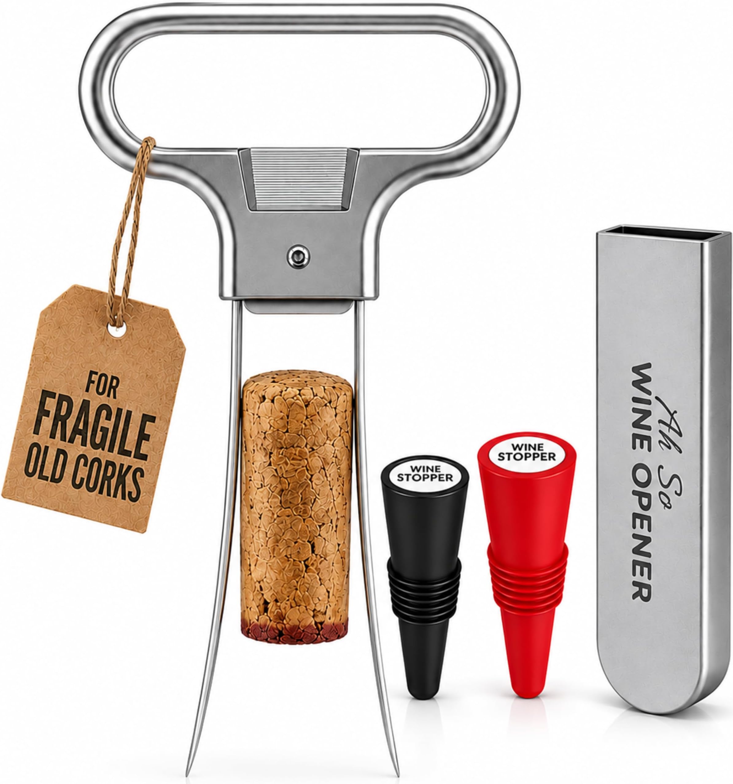 Ah So Wine Opener - Two Prong Cork Puller and Remover for Fragile and Old Corks - Stainless Steel Bottle Opener with 2 Bonus Stoppers, Compact Bar Tool, Gift for Wine Lovers