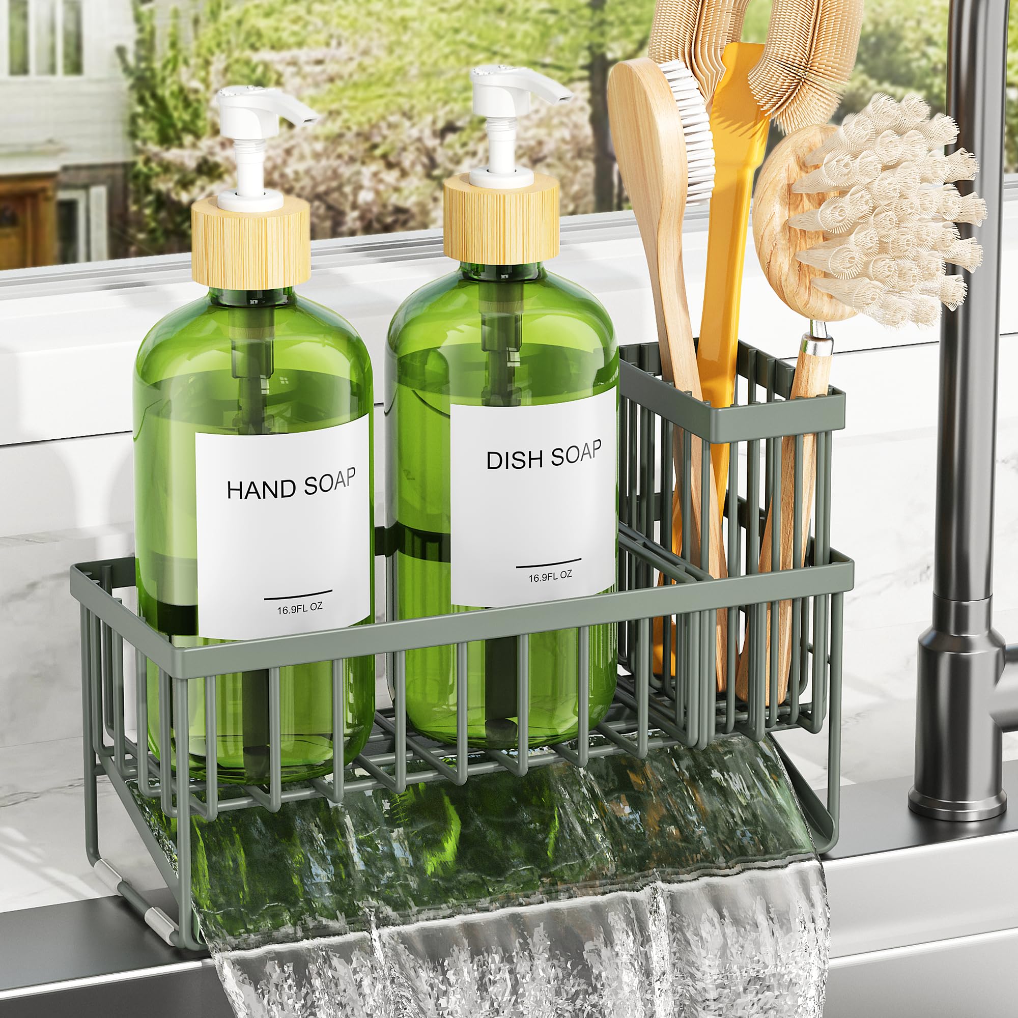 Cisily Kitchen Dish Soap Dispenser Set with 2 Pack 16.9oz Amber Glass Bottle and Sponge Holder, Dish Soap Dispensers with Adjustable Sponge Holder, Vintage Hand and Dish Soap Dispensers Set