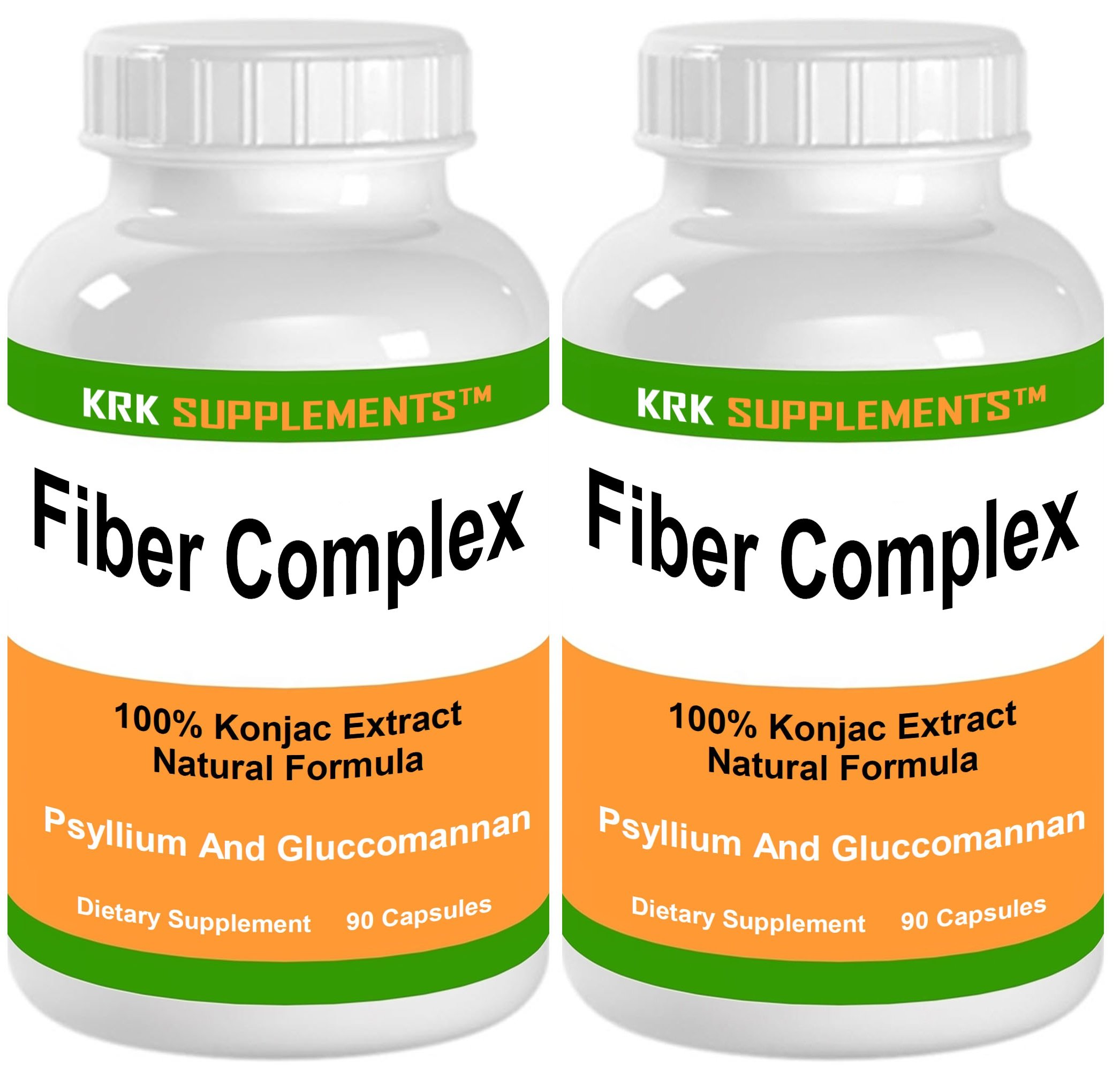 KRK SUPPLEMENTS 2 Bottles Fiber Complex Psyllium Husks 600mg Per Serving Glucomannan 200mg Per Serving 180 Total Capsules
