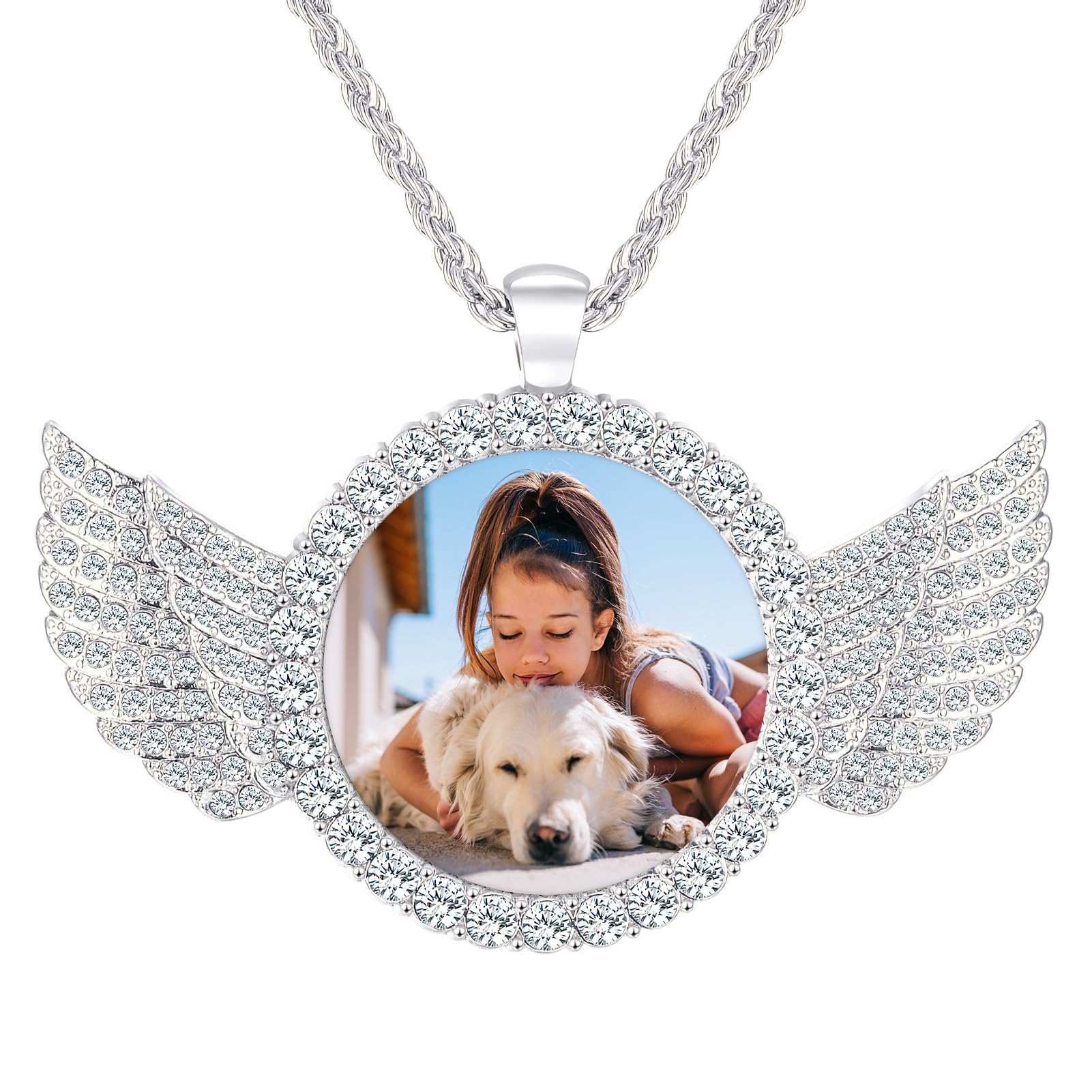Custom Picture Necklace,Personalized Photo Necklace Memory Circle Chain with Angel Wings Pendant,Gift for Men Women