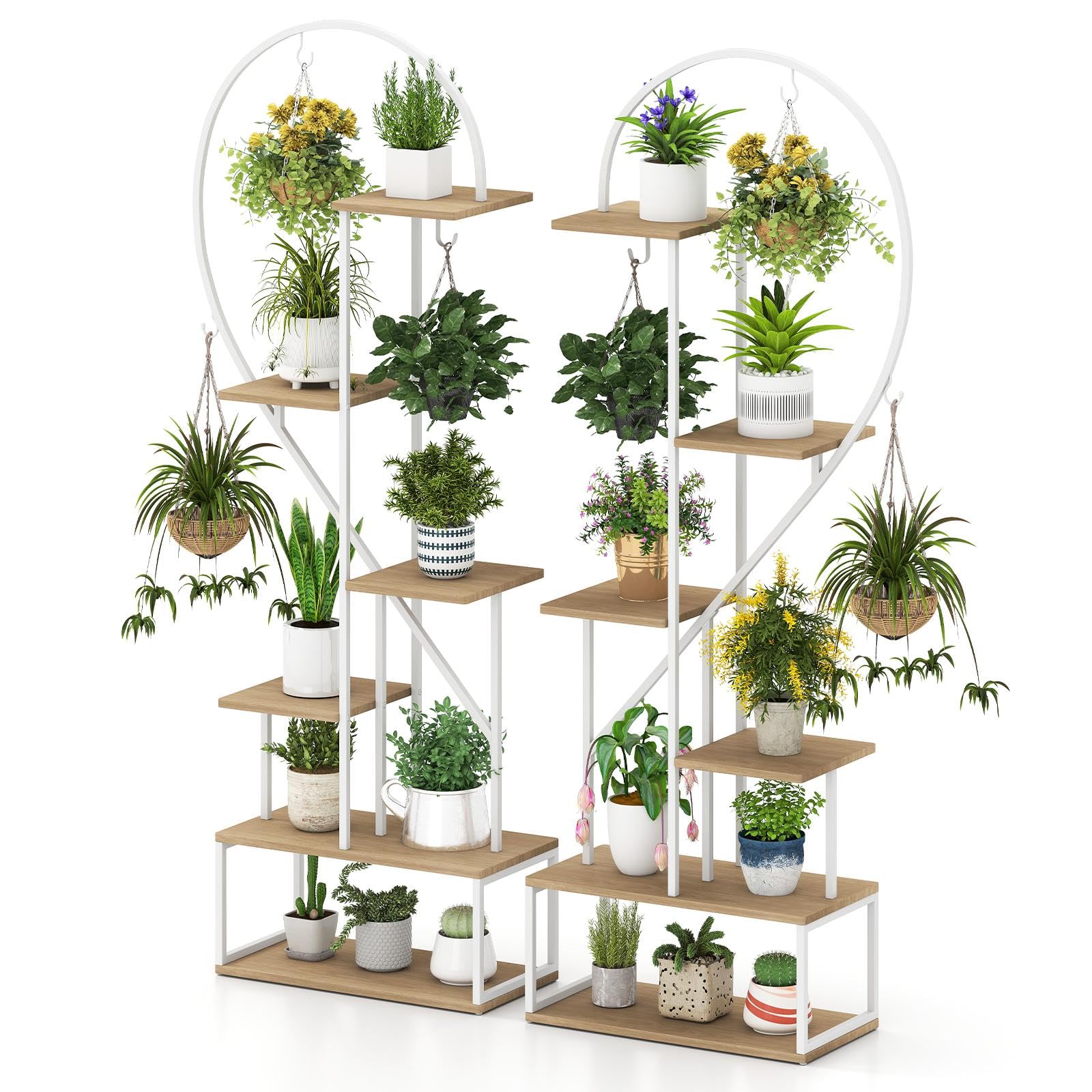 TANGZON 6 Tier Plant Stand, 2-Pack Heart Shape Ladder Plant Shelf with Hooks & Anti-tipping Kit, Metal Frame Tall Flower Pot Display Rack for Home Living Room Garden Balcony (Natural+White)