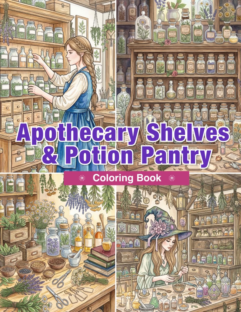 Apothecary Shelves & Potion Pantry Coloring Book: Vintage Apothecary Shelves, Potion Bottles, Herbal Collections, Wooden Drawers, and Enchanting Witchy Rooms for Adults