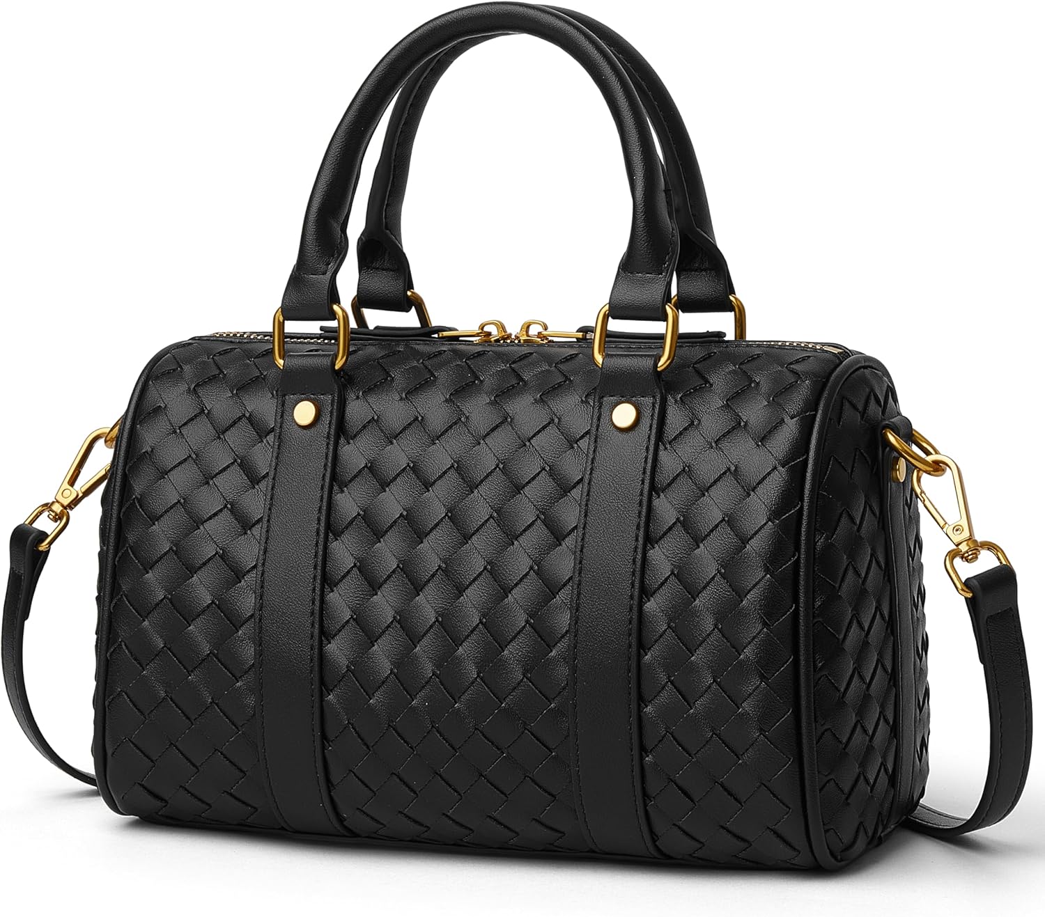DAILANDO Woven Top Handle Boston Purse for Women, Medium Barrel Satchel Purse and Handbags with Detachable Crossbody Strap