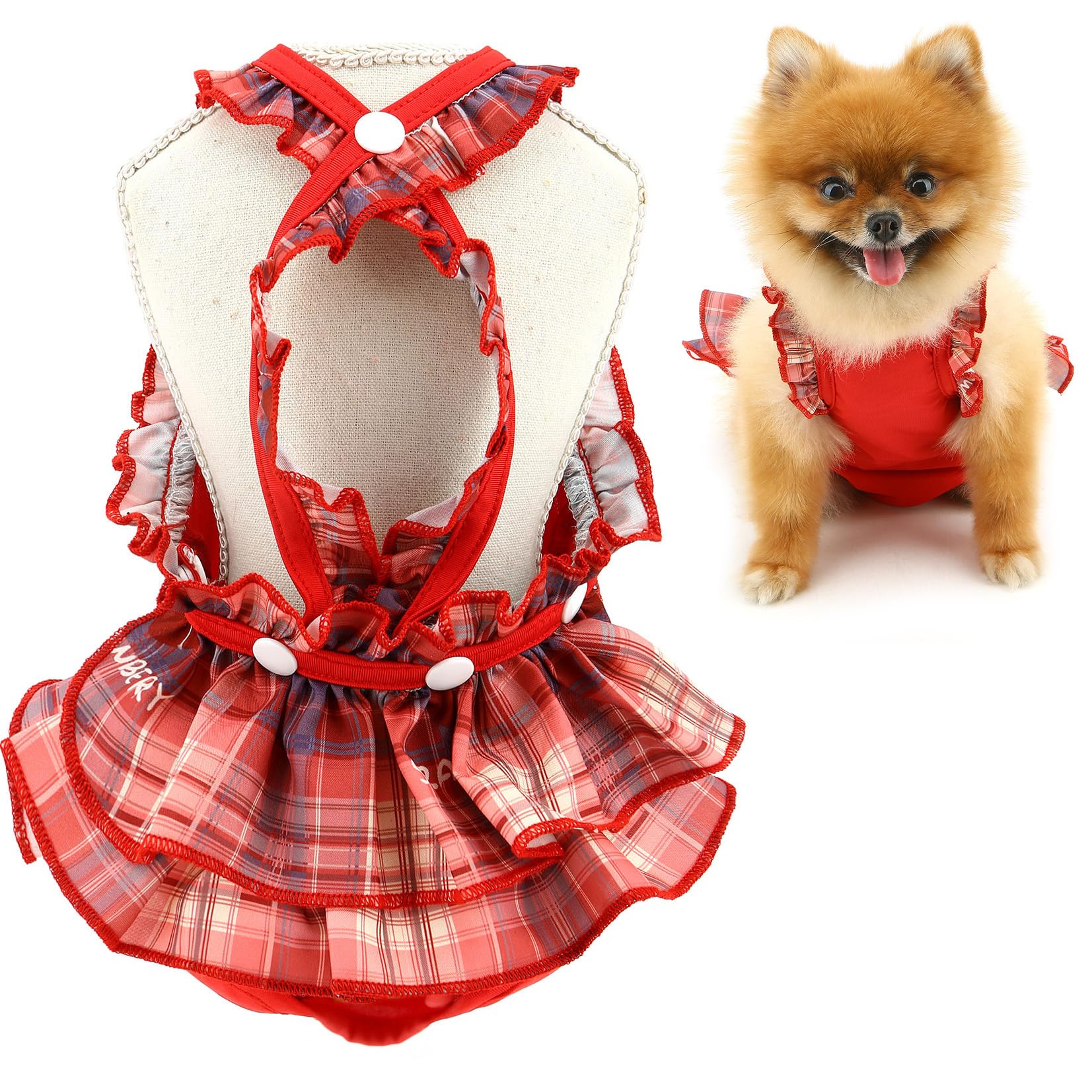 SMALLLEE_LUCKY_STORE Washable Reusable Dog Diaper Plaid Pet Sanitary Pantie with Suspender Puppy Cute Pet Underwear Diaper Jumpsuits for Female Dogs in Heat Period, Red, XXL