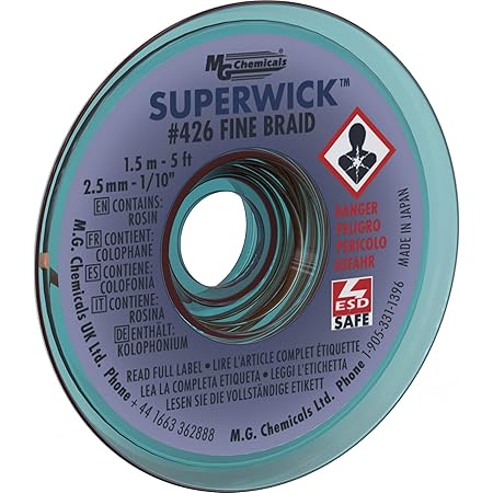 MG Chemicals Desoldering Braid #4 Fine Braid Super Wick with RMA Flux, 5' Length x 0.1" Width, Blue