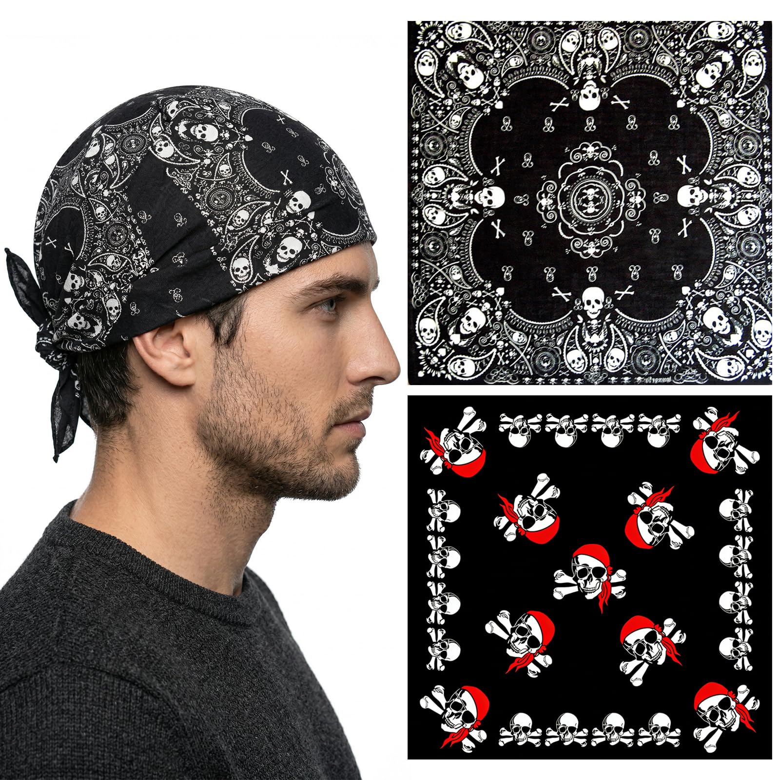 Bandana Pirata Calavera 2 Pack Pañuelo Multifuncional Algodón Moto Halloween Rojo Negro
