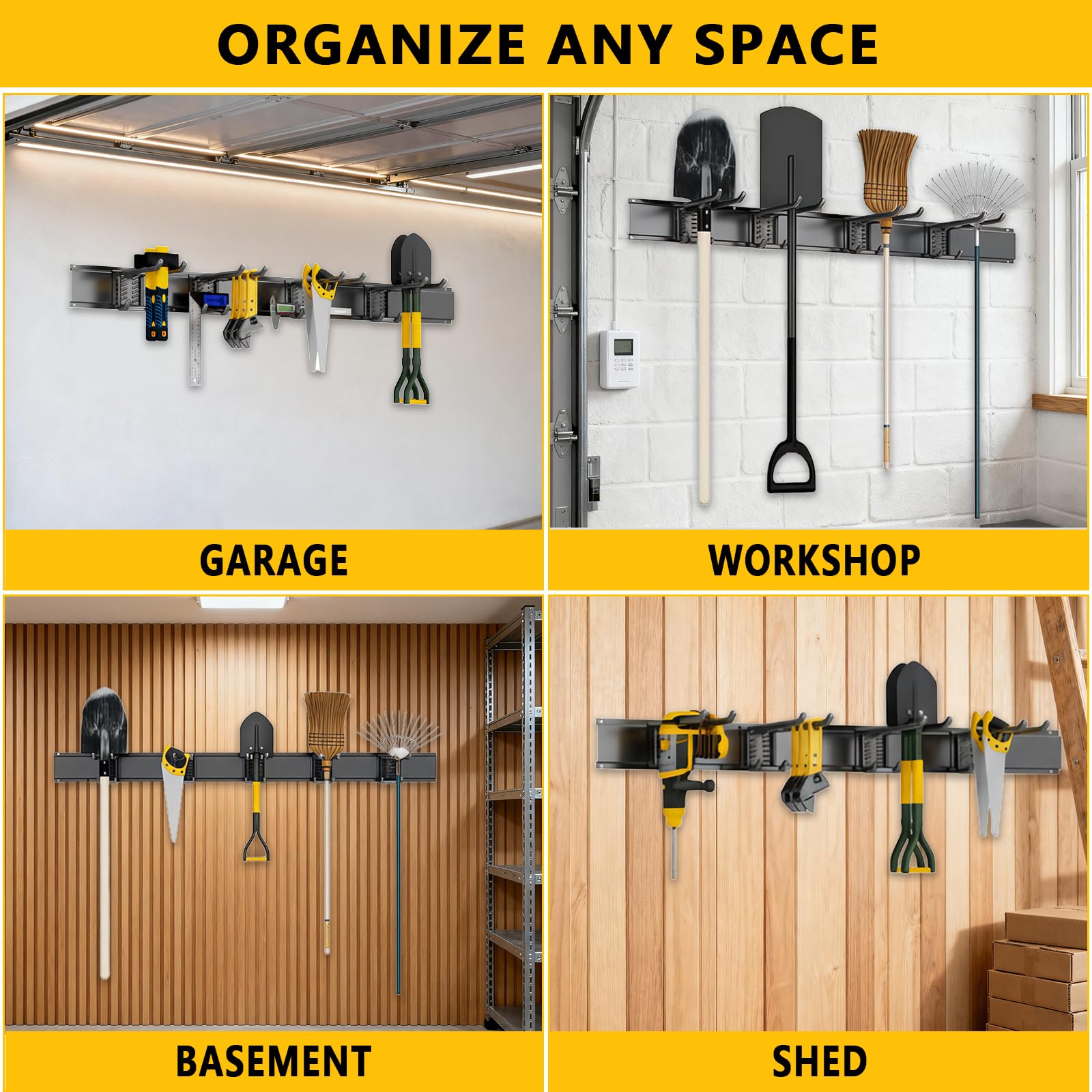 Organizador de herramientas de garaje, soporte de pared, sistema de almacenamiento de garaje resistente de 48 pulgadas y organizador de herramientas de jardín con 6 ganchos rectos ajustables