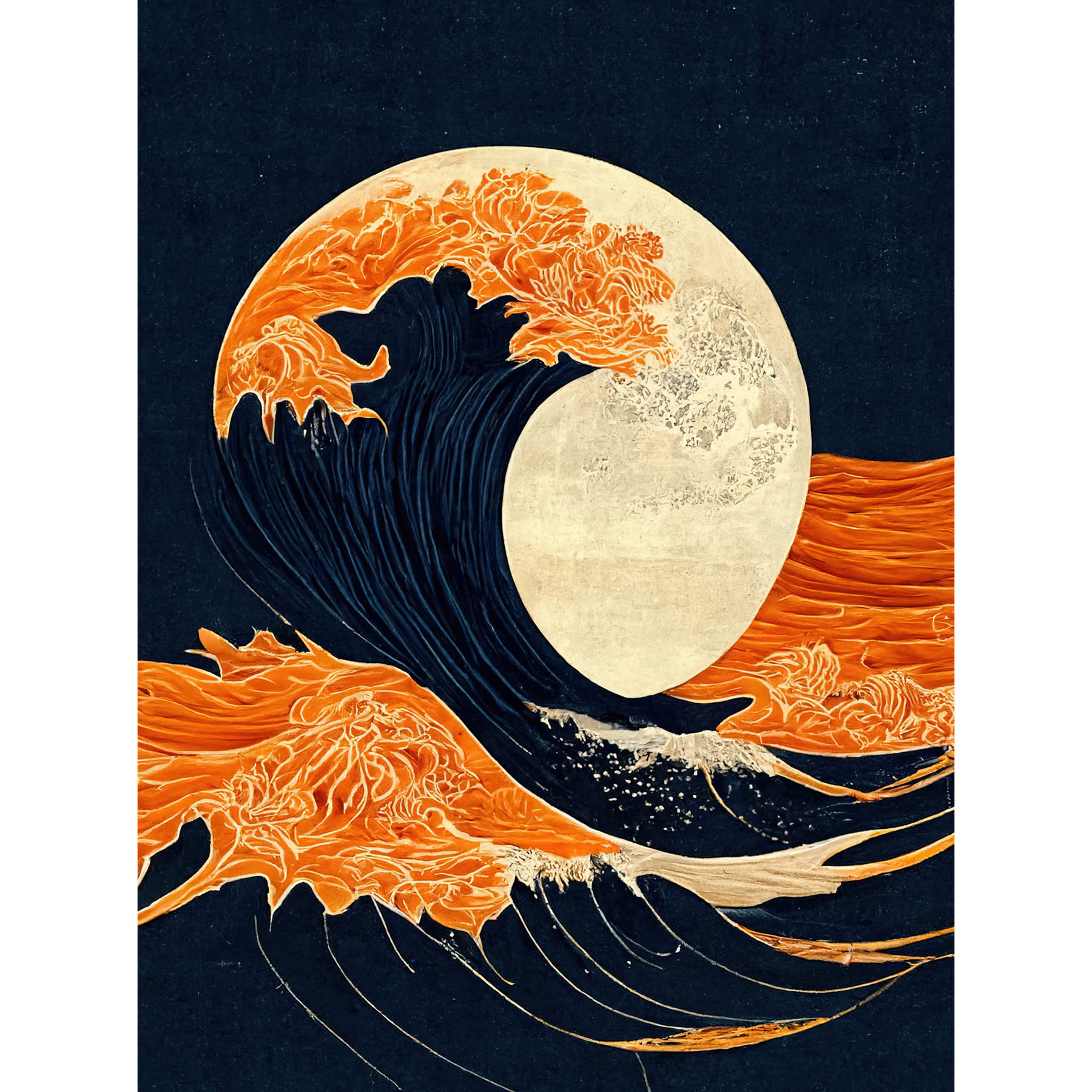 Wee Blue Coo The Great Wave at Full Moon Modern Japanese Seascape Woodblock Unframed Wall Art Print Poster Home Decor Premium