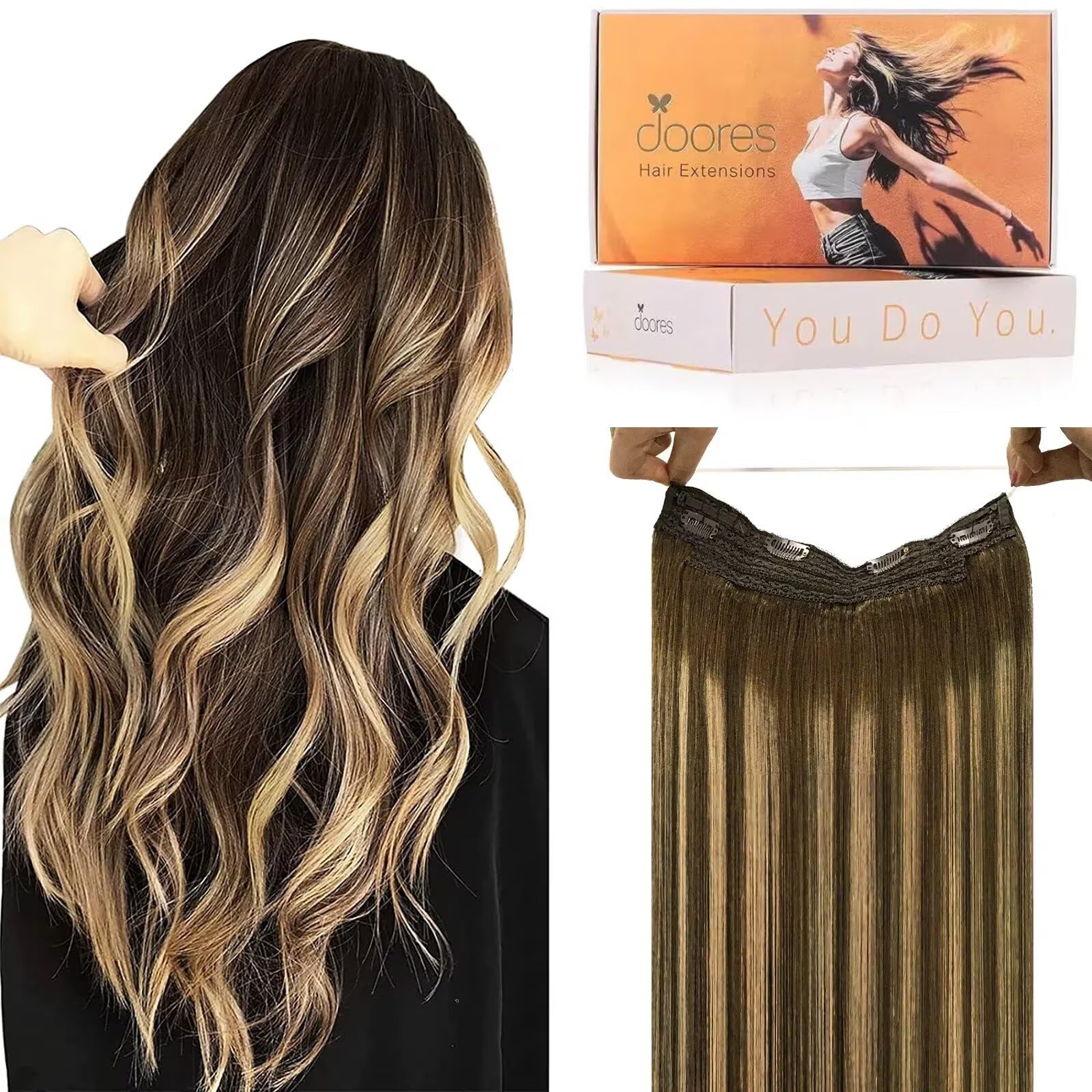 DOORES Wire Hair Extensions 16 Inch 95g Remy Human Wire Hair Extensions Invisible Transparent Line Adjustable Hairpieces Secret Extensions Straight Hair Balayage Chocolate Brown to Caramel Blonde
