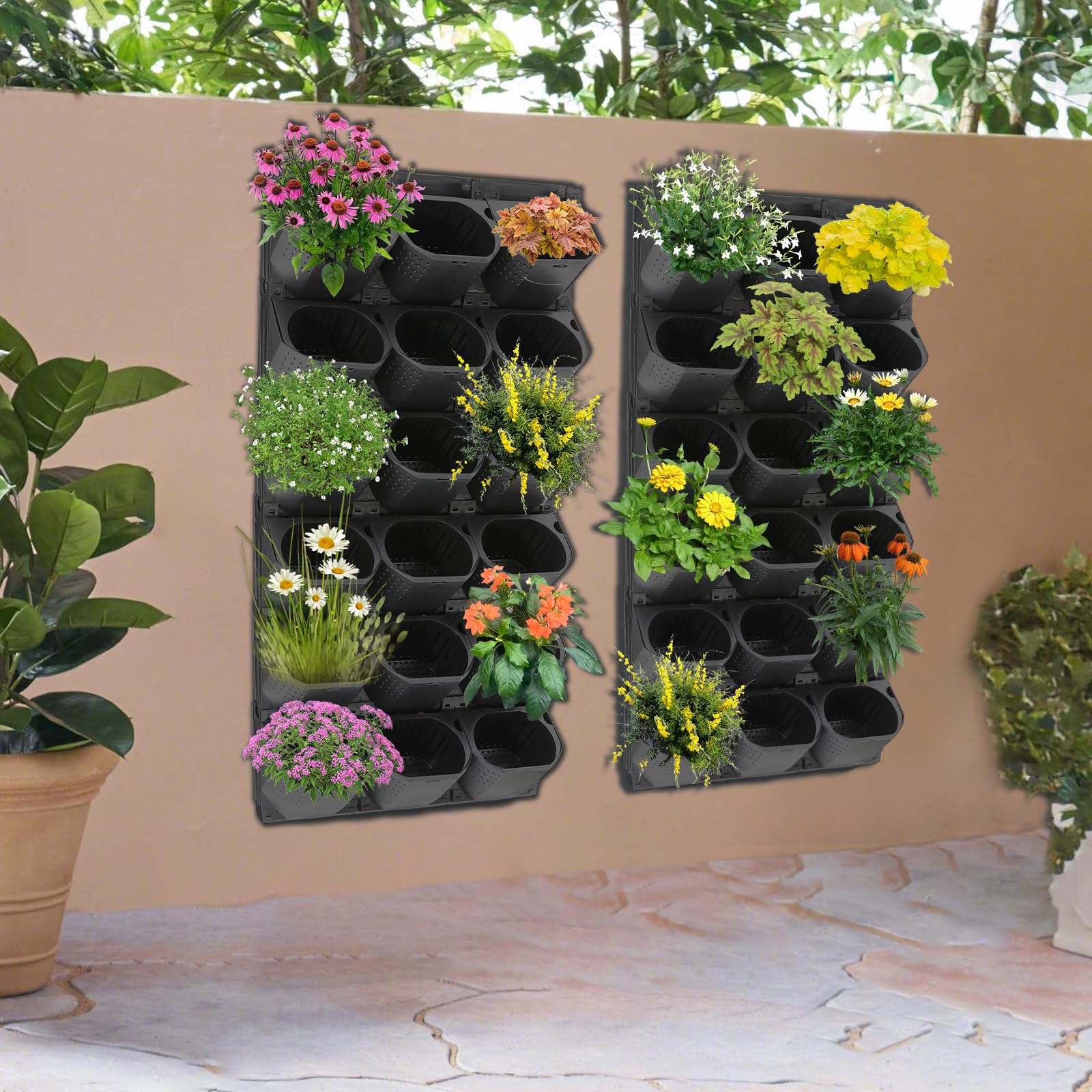 Pianta da parete, vaso da giardino verticale, modulo per piante da giardino, balcone, 36 vasi, 12 pezzi, 50 x 14,5 x 16,6 cm, per interni ed esterni, per fiori, verdure, erbe aromatiche (nero)