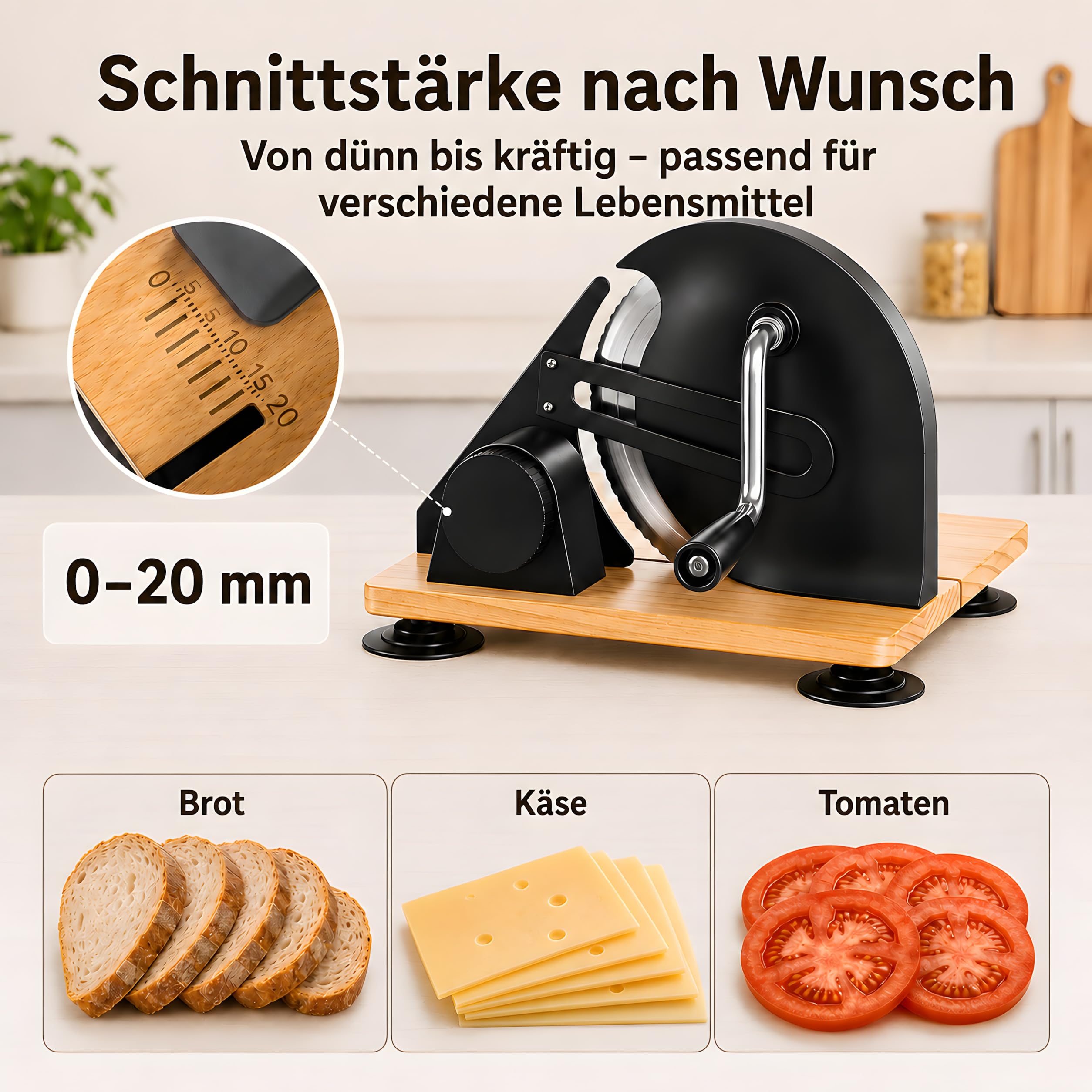 Cortadora De Pan Manual Plegable Hoja Acero 420 | 6 Ventose Antiscivolo, 0-20mm Spessore Regolabile, Struttura In Legno Massello Pieghevole, Uso Domestico E Commerciale, Nero