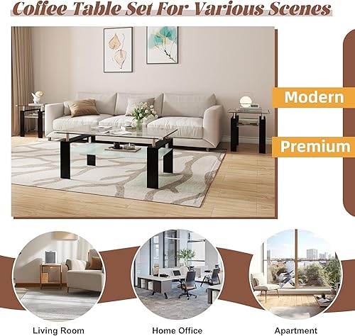 Miniatura 7 de Juego de 3 para sala de estar con mesa auxiliar de cristal, mesa auxiliar y mesa consola, moderno juego de 3 piezas negro con estante de