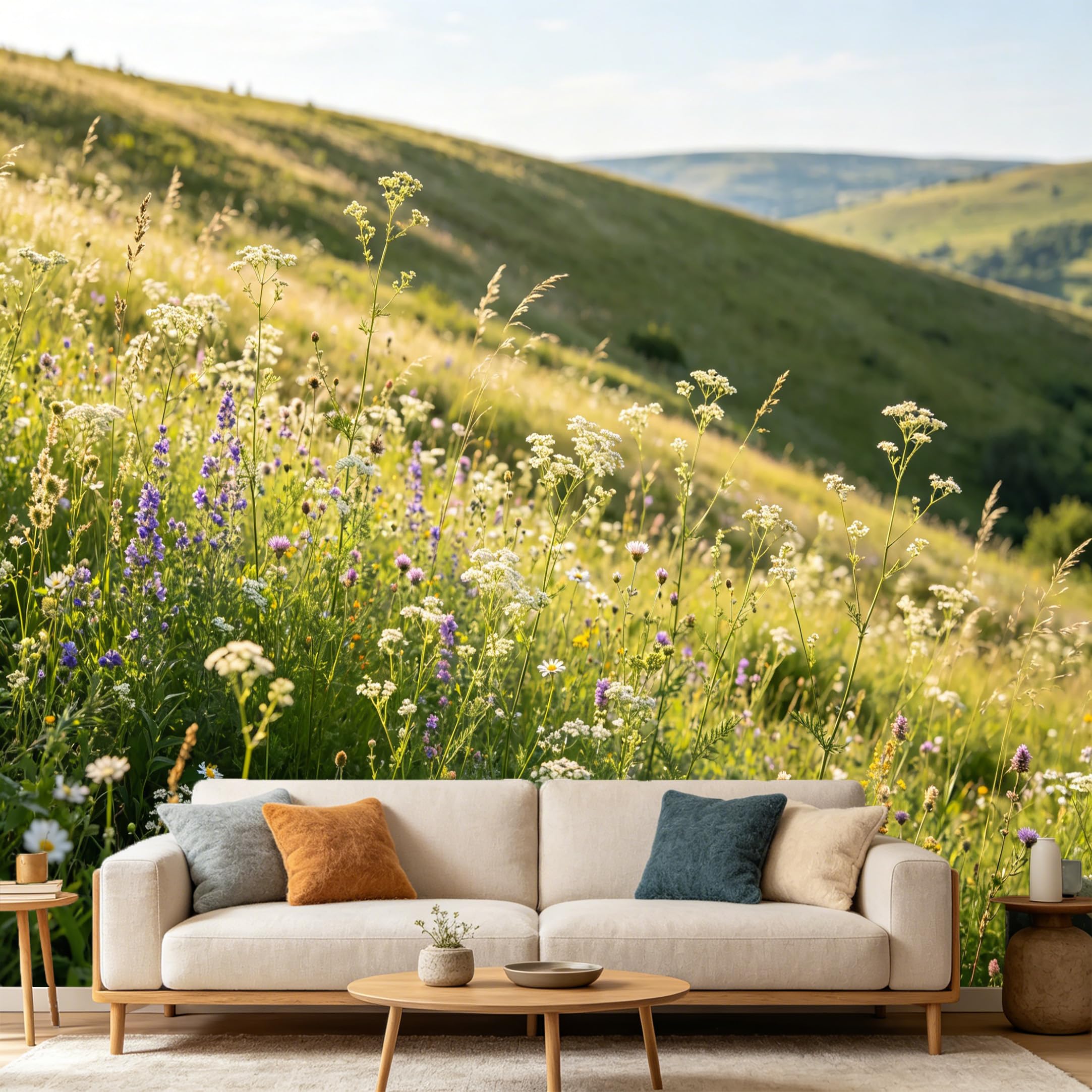Custom Size Wall Mural， Landscape Mountain Meadow Wildflowers Botanical， SelfAdhesive Art Prints wall Fabric Removable Large Wallpaper Home Living Room Decor Murals