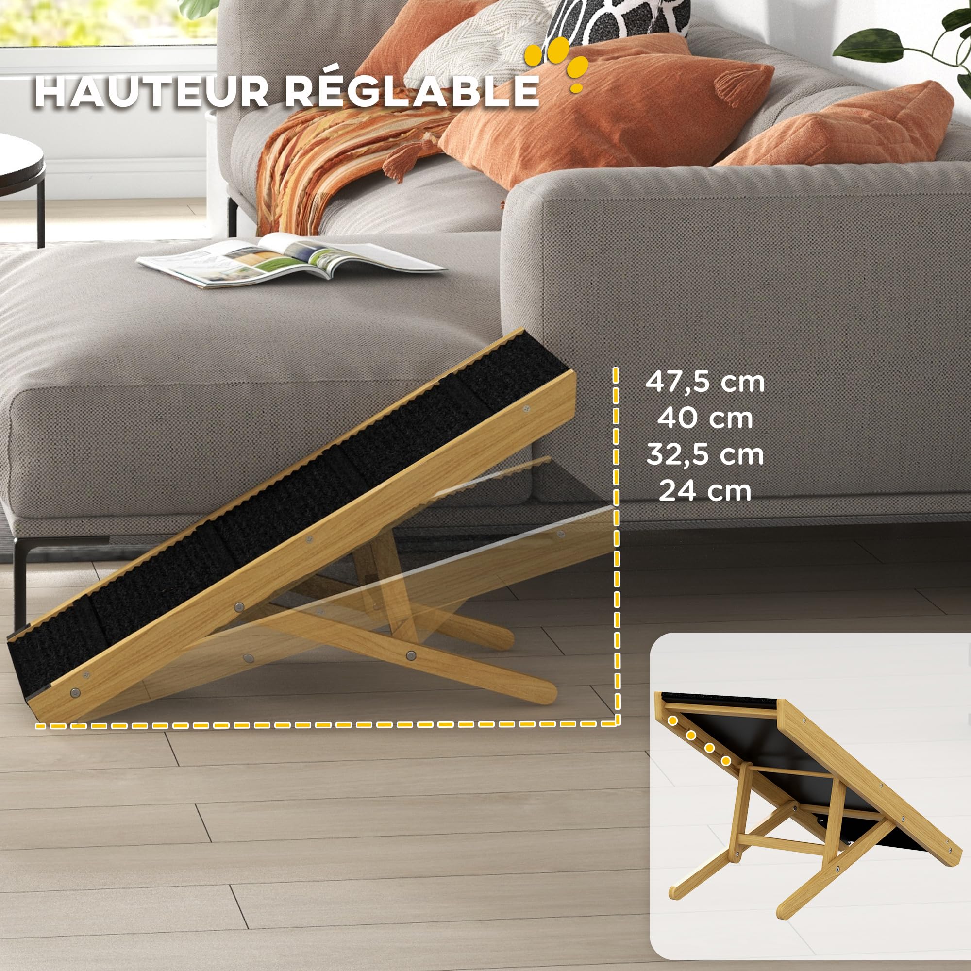 PawHut Rampa per cani 33" pieghevole in legno per medi Legno naturale