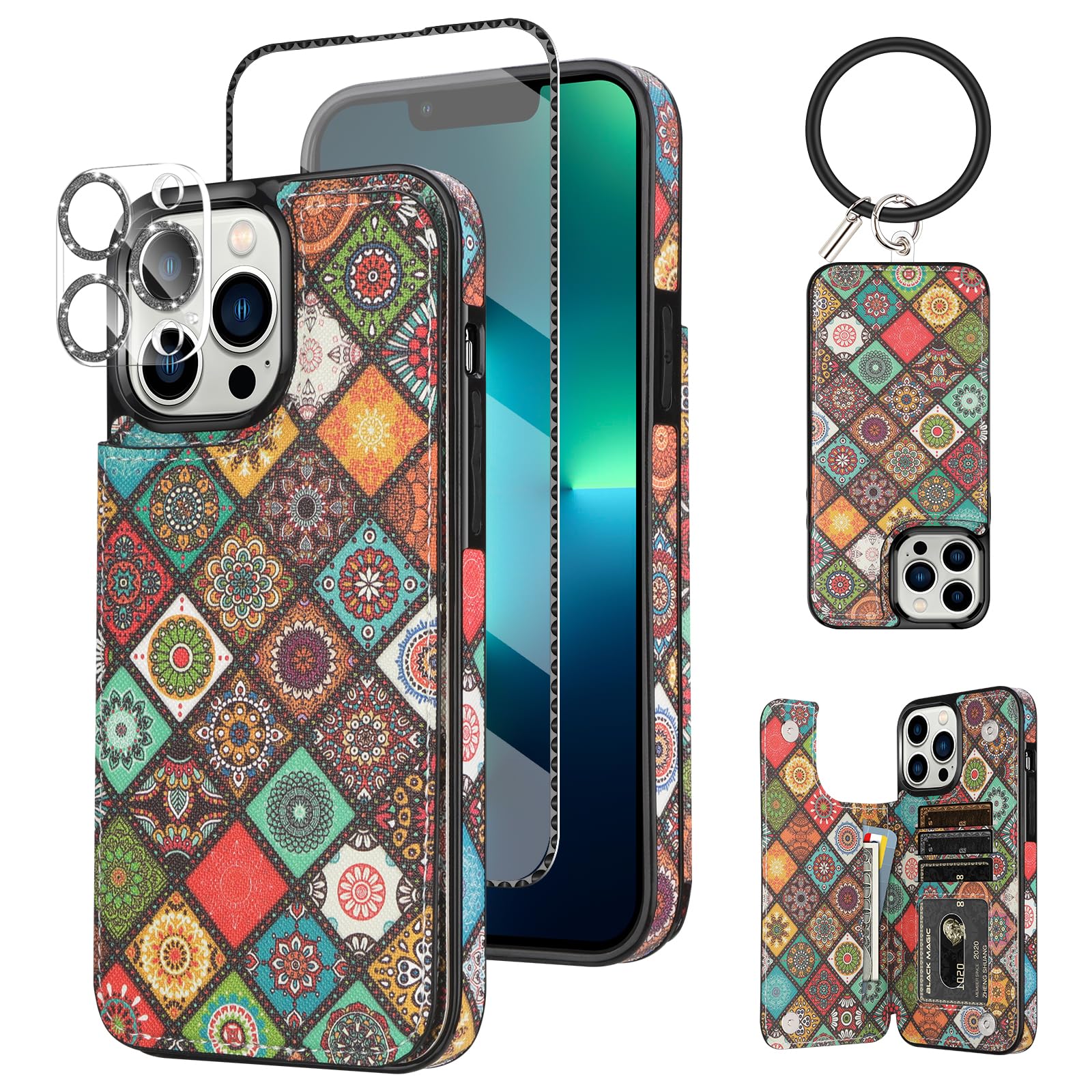 HianDier Wallet Case for iPhone 13 Pro MAX Case with Bracelet+ Screen Protector+ Camera Cover, with Credit Card Slot Holder Flip Folio Soft PU Leather Magnetic Closure Cover, Colorful