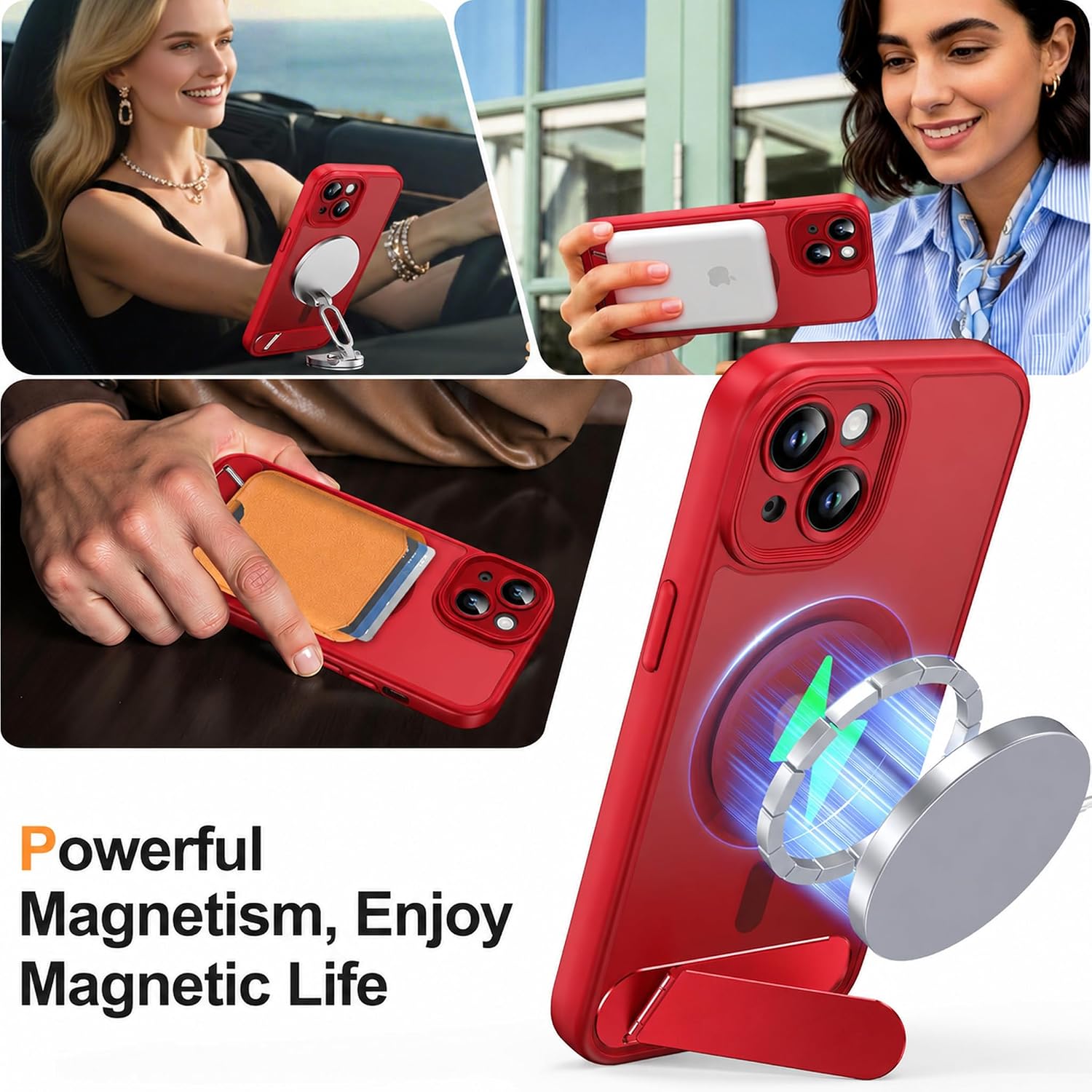 Magnetic Compatible with iPhone 15 Case, [Built-in Kickstand][Full Camera Protection][Compatible with MagSafe][Anti-Fingerprint] Shockproof Phone Case for iPhone 15 6.1",Red thumbnail
