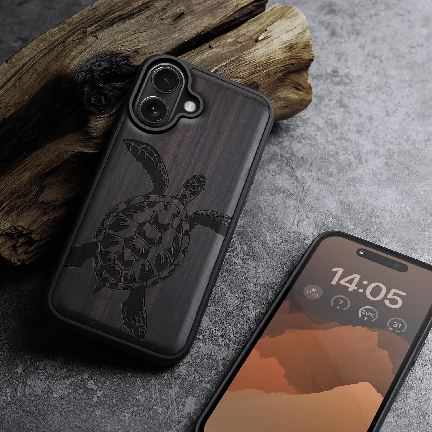Carveit Magnetic Wooden Case for iPhone 16 Plus Case, Wood Artisan Engraved & Black Soft TPU Shockproof Cover, Compatible with MagSafe Wireless Chargers (Eternal Ocean Spirit) Blackwood