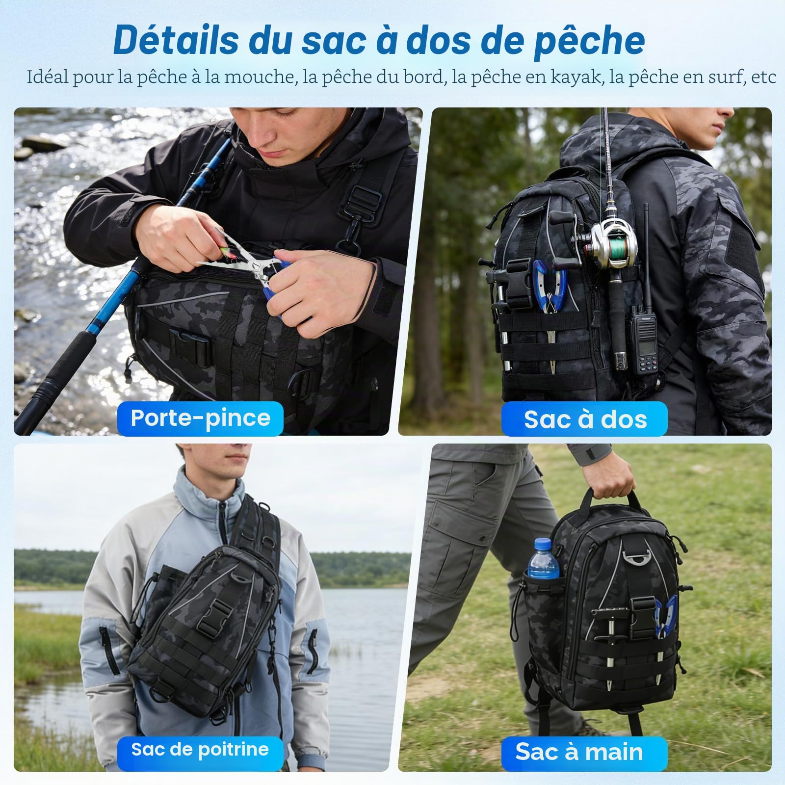 Kit de pêche complet de 209 pièces, sac à dos de pêche étanche de 40 l avec boîtes, pince à pêche, extracteur d'hameçons pour la pêche, le camping, la randonnée, la pêche, les boîtes à appâts