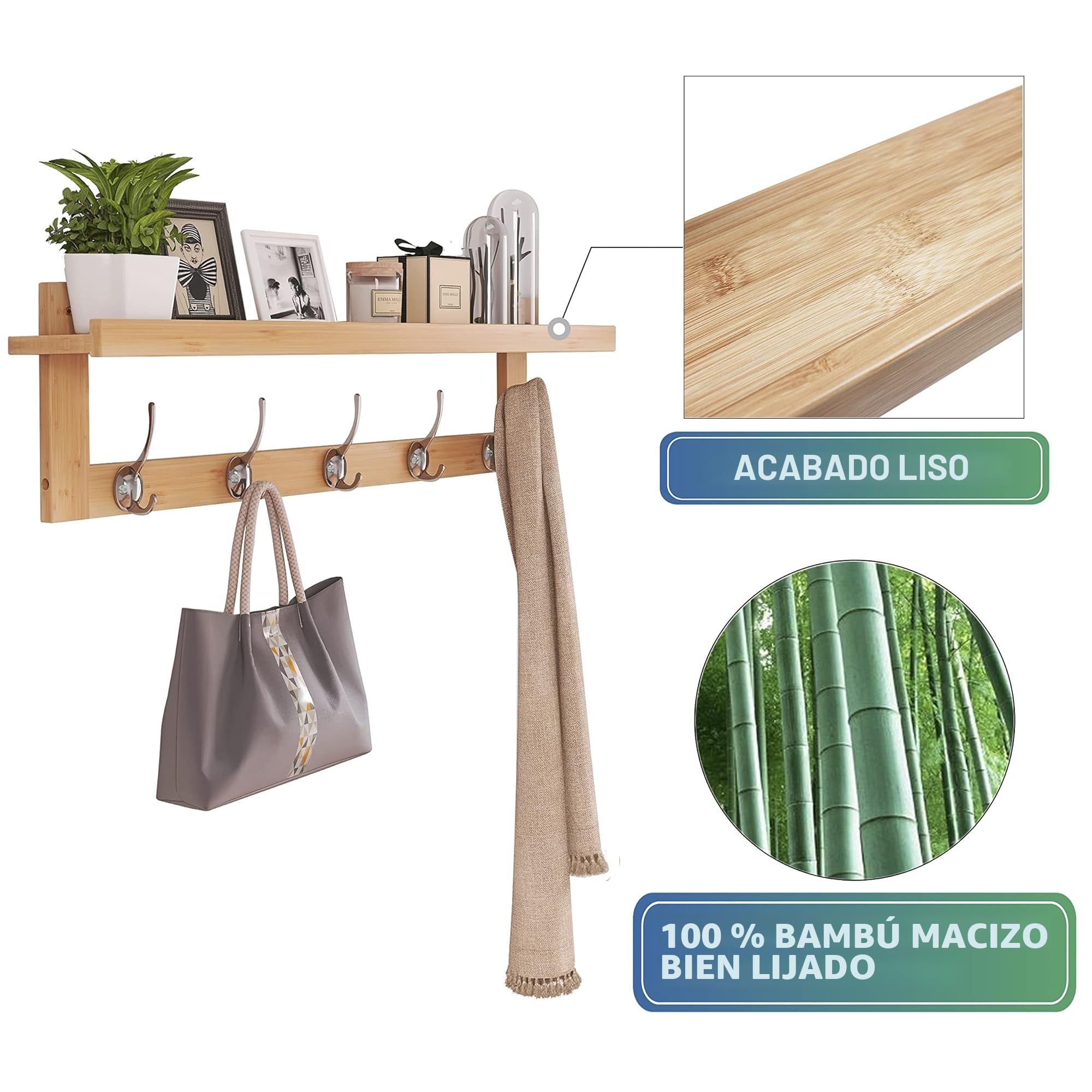 SMIBUY Percheros con Estante de Pared, Perchero de Entrada de 74 cm para Pared, Estante Colgante de Bambú con 5 Ganchos Dobles de Metal para Baño, Dormitorio, Cocina, Sala de Estar, Mueble (Natural)
