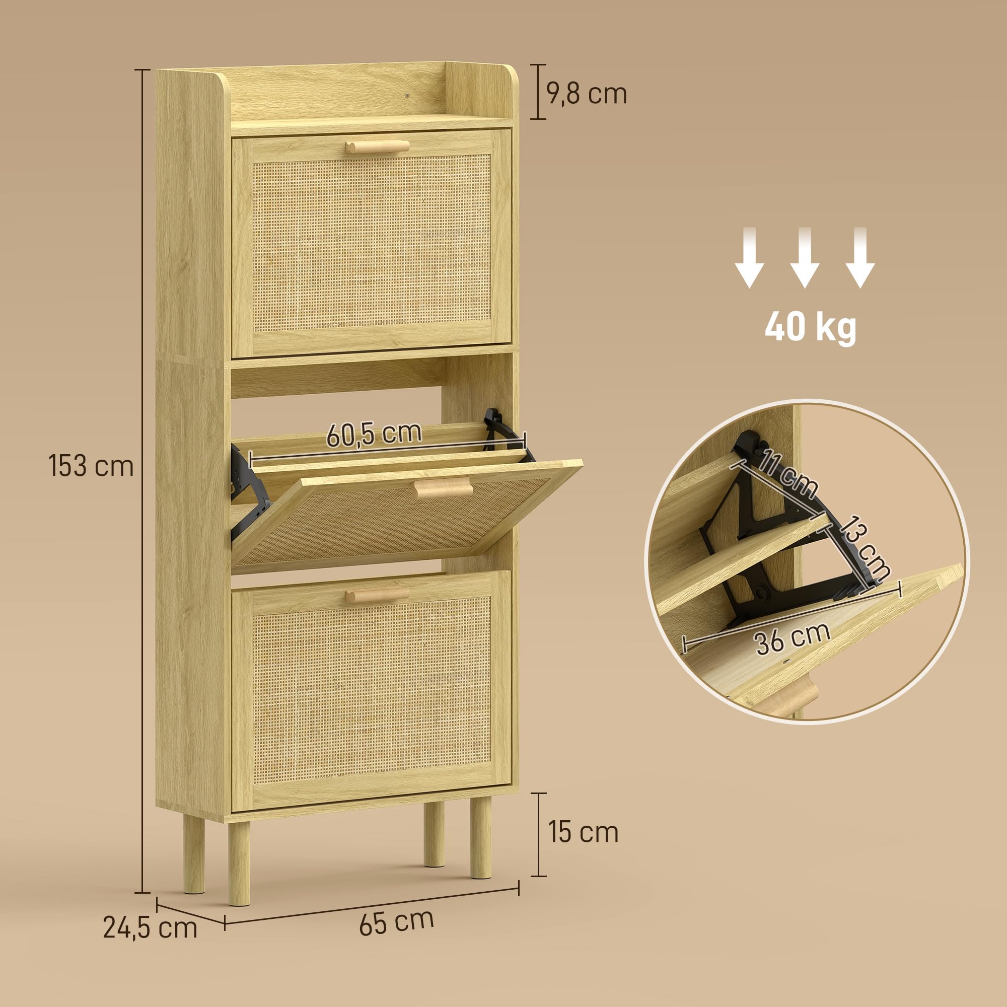HOMCOM Zapatero Estrecho con 3 Cajones Abatibles, Zapatero de Recibidor Entrada con Estante Abierto, Patas de Madera, para 12-18 Pares de Zapatos, 65x24,5x153 cm, Roble