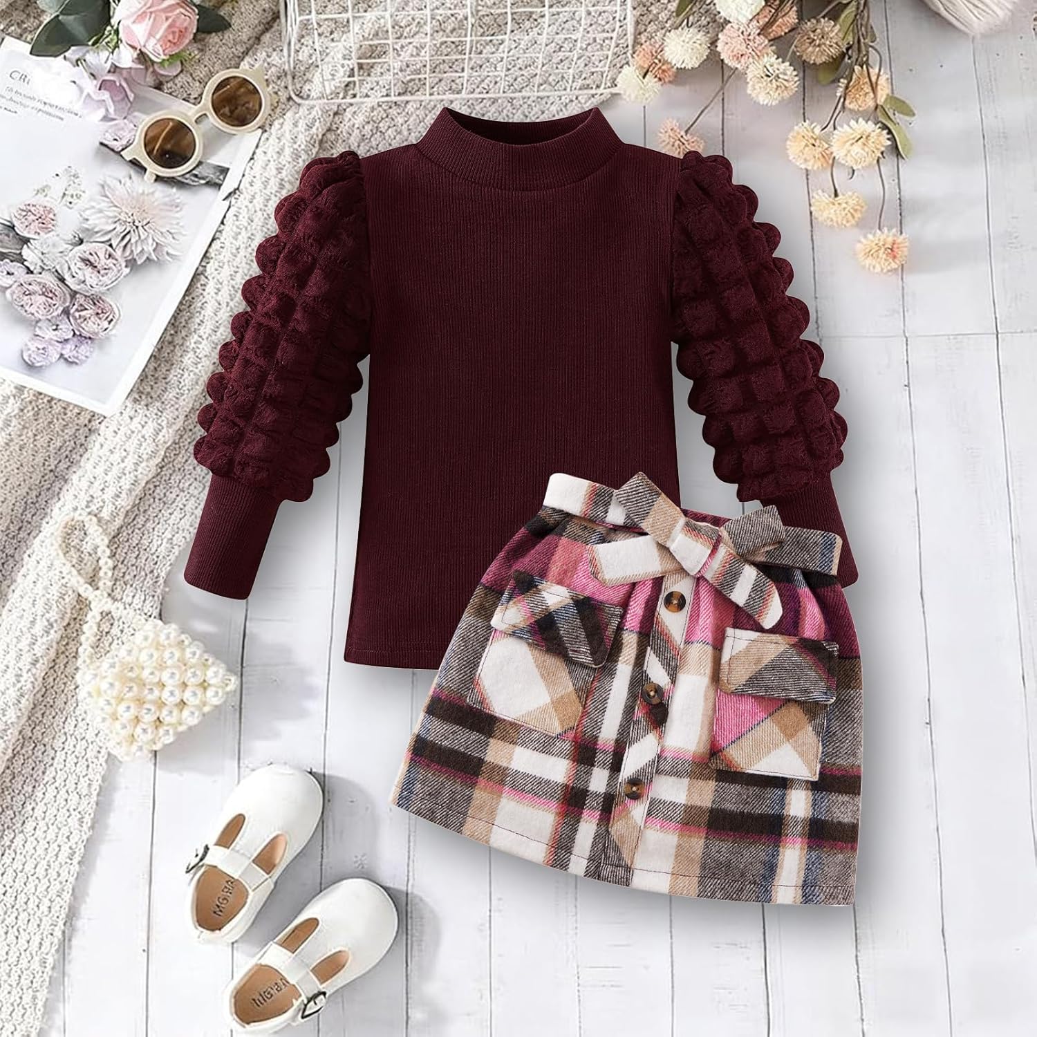 Toddler Girls Plaid Outfits Skirt Set Girl Fall Winter Clothes Puff Sleeve Knit Ribbed Sweatshirt Tops Plaid Skirt Set - Image 7