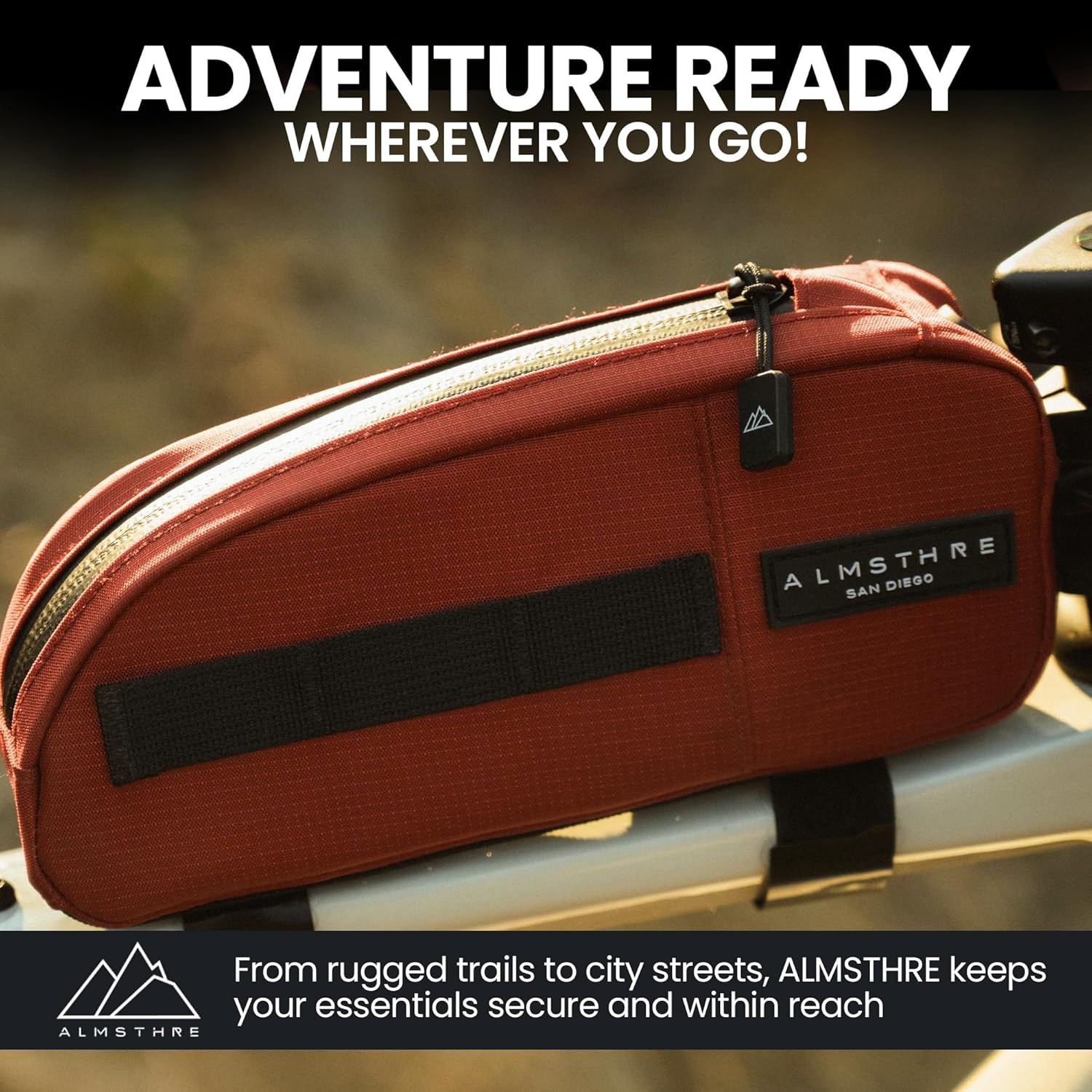 ALMSTHRE Top Tube Bag Bundle - Red| Top Tube Bike Bag, Bike Saddle Bag & Ride Wallet Set | Top Tube Bag with Straps, Bolts & Tether Cord | Waterproof Zippers Across All Items