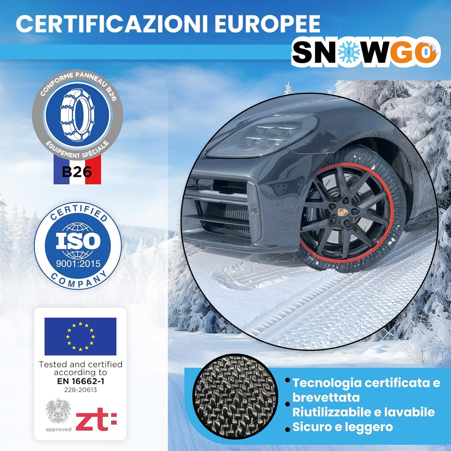 SNOWGO - Set di 2 calze da neve in tessuto - Taglie da M a XL - Omologate 16662-1 Europa - Compatibili con veicoli 4x4, veicoli elettrici, furgoni e veicoli commerciali <3,5T. (XL)