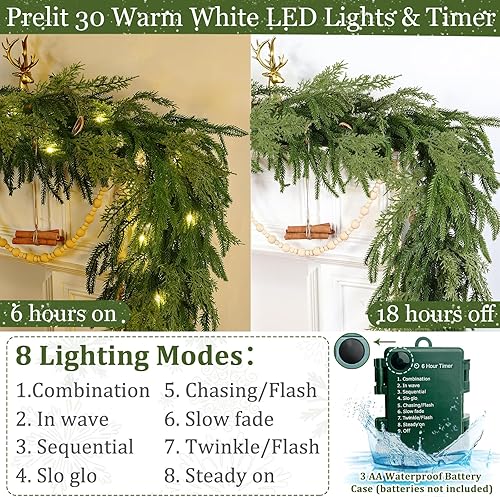 Miniatura 4 de Guirnalda de pino Norfolk de Navidad de 6 pies con 30 luces blancas cálidas, 8 modos y temporizador, 80 pinos Norfolk y 20 hojas de ciprés para