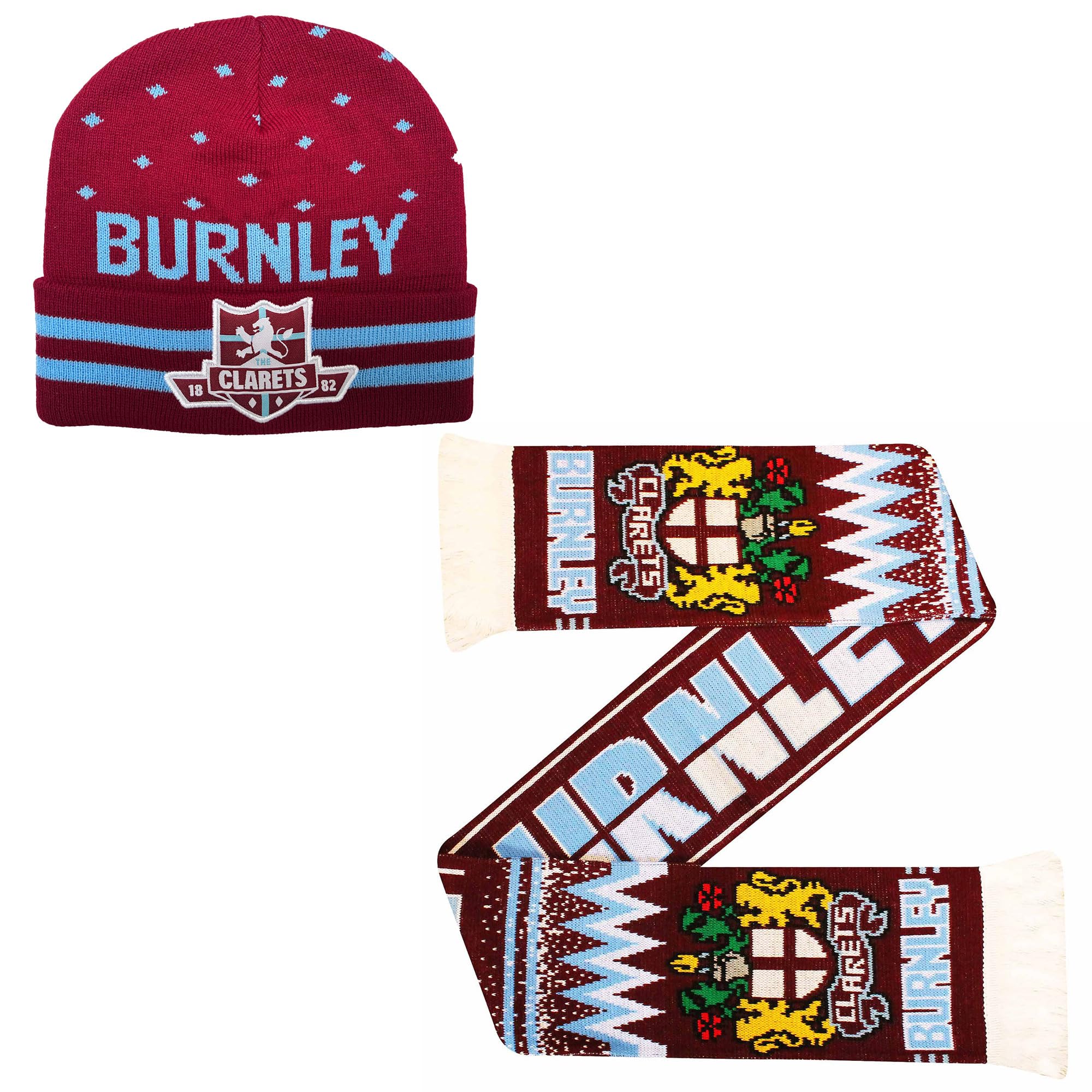 Beyond Happy Burnley Football Bronx Hat – Unisex Winter Beanie Hat with Embroidered Clarets Club Patch (Hat and Scarf)