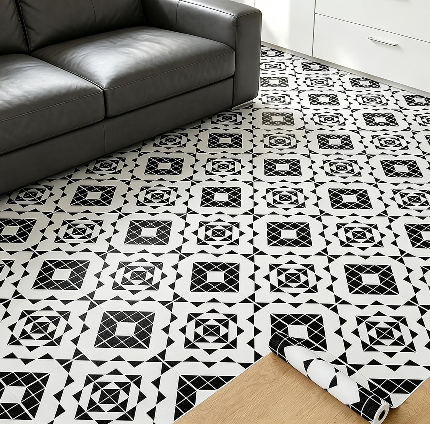 Stickyart Peel and Stick Floor Tile Roll Black and White Vinyl Flooring Triangle Geometric Bathroom Floor Tile Roll Self Adhesive Linoleum Flooring Sticker for Living Room Kitchen 12in X 12ft
