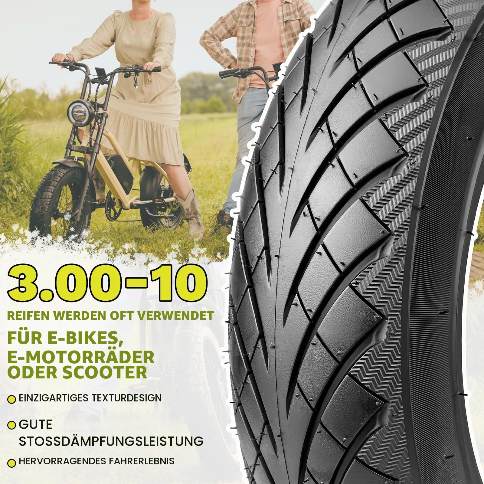 MEGHNA 3.00-10 Tubeless Reifen für E-Bike/Elektroroller & City Roller | TL Reifen 10 Zoll | 2.15x10 Felgen | Straßengriff & Langlebigkeit (2XReifen)