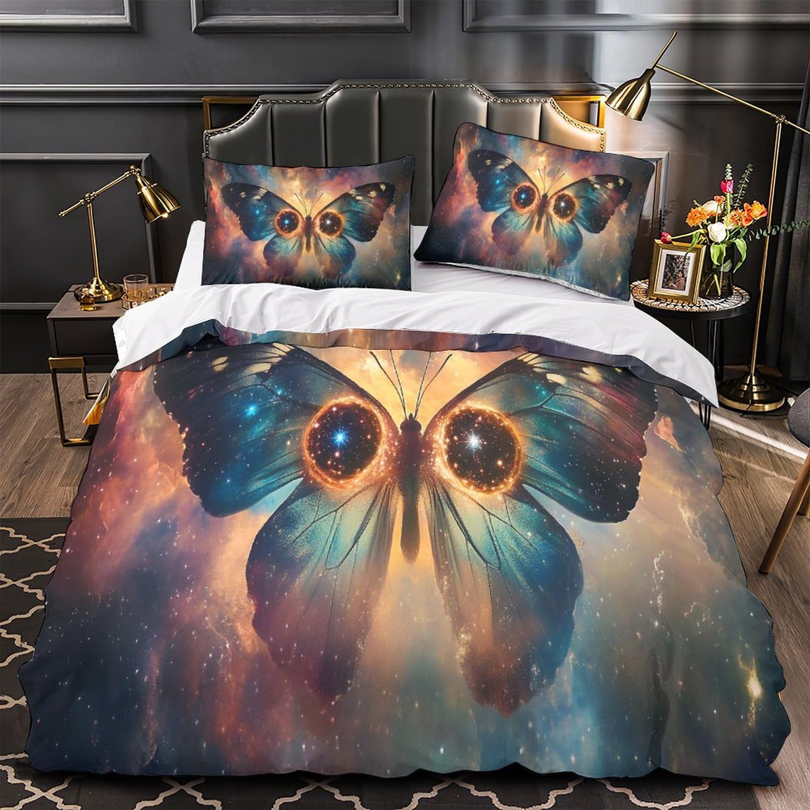 Housse de couette papillon cosmique 3D en microfibre inaltérable haut de gamme