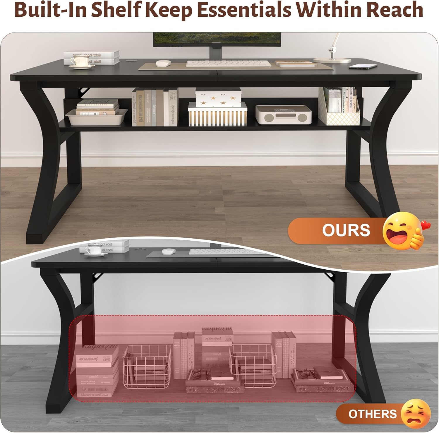 StarGraph Computer Desk 55 Inch Large Computer Desk with Storage Shelf Home Office Desk with C Shaped Metal Frame Writing Work Study Student Home Bedroom Office (Black, 55inch)