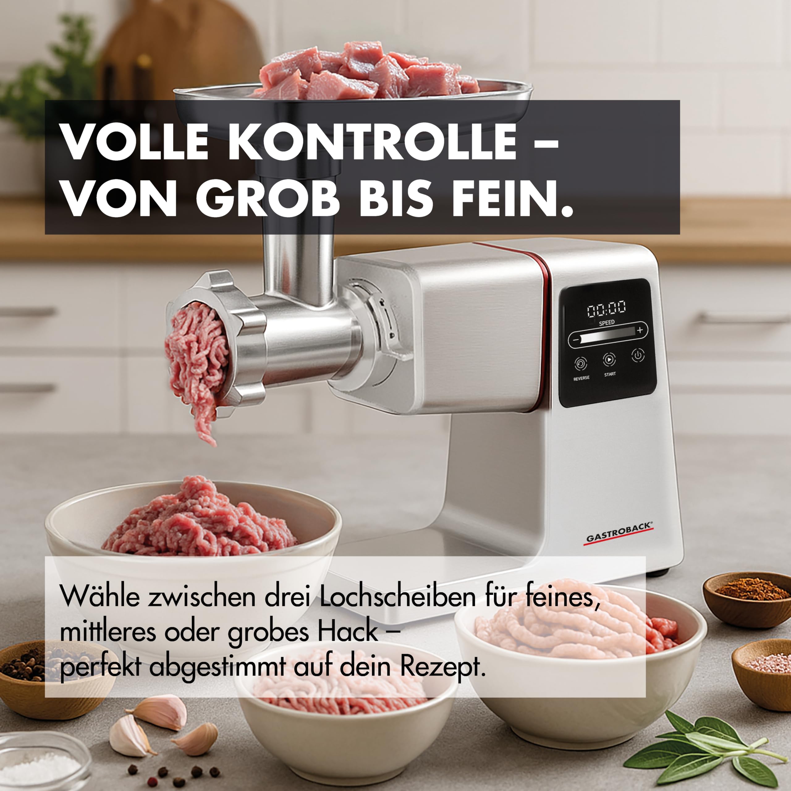GASTROBACK Elektrischer Fleischwolf mit Wurstfüller und Spritzgebäckvorsatz - 2500 Watt 6-in-1 Edelstahl Meat Grinder - Wurstfüllmaschine elektrisch mit Touch Screen inkl Burger-Presse