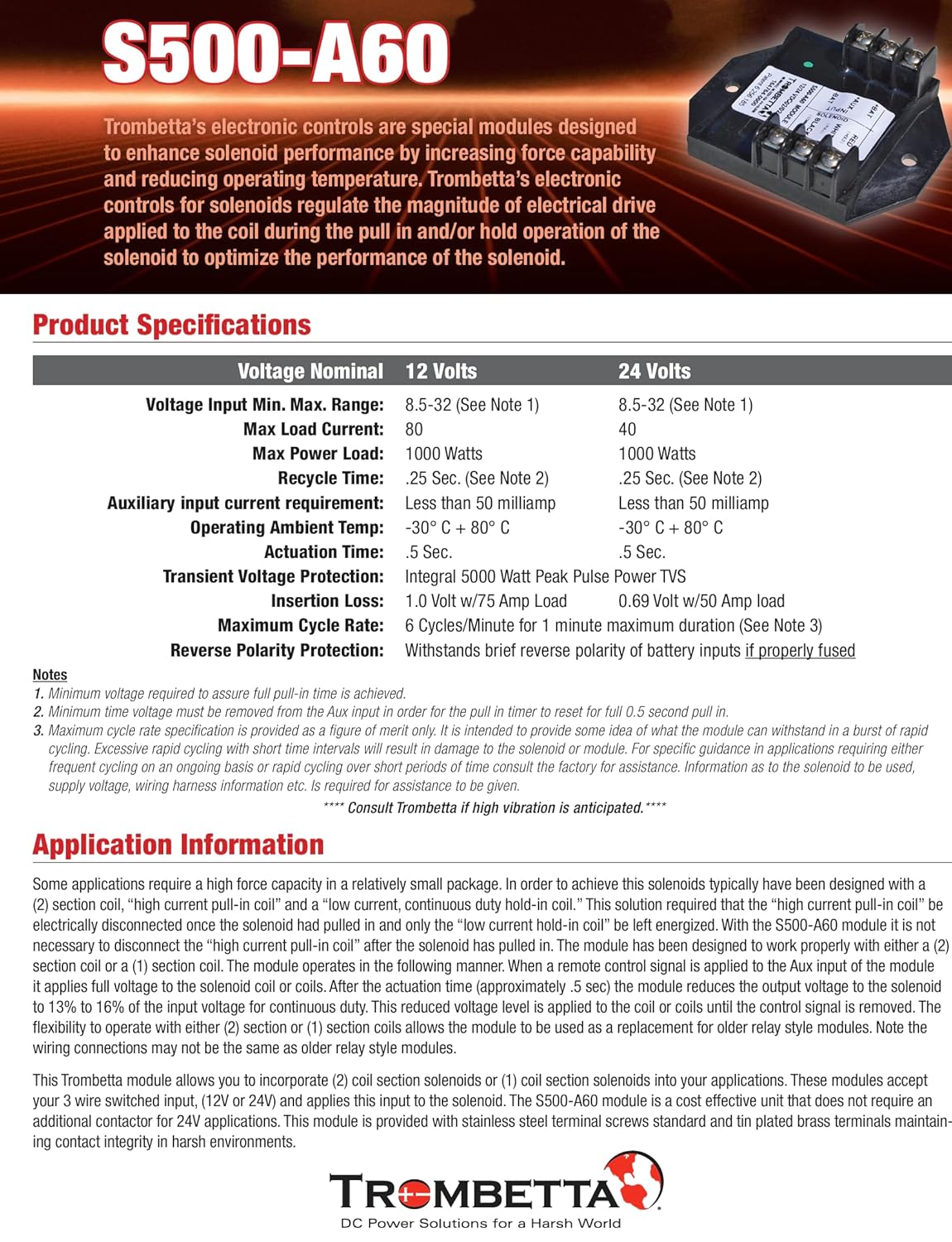 TROMBETTA S500-A60 Electronic Control Module, MAX. Load Current: 80A, MAX. Power Load: 1000 WATTS, Solid State, Volt Rating: 12-24VDC, Voltage Input MIN. MAX Range: 8.5-32VDC