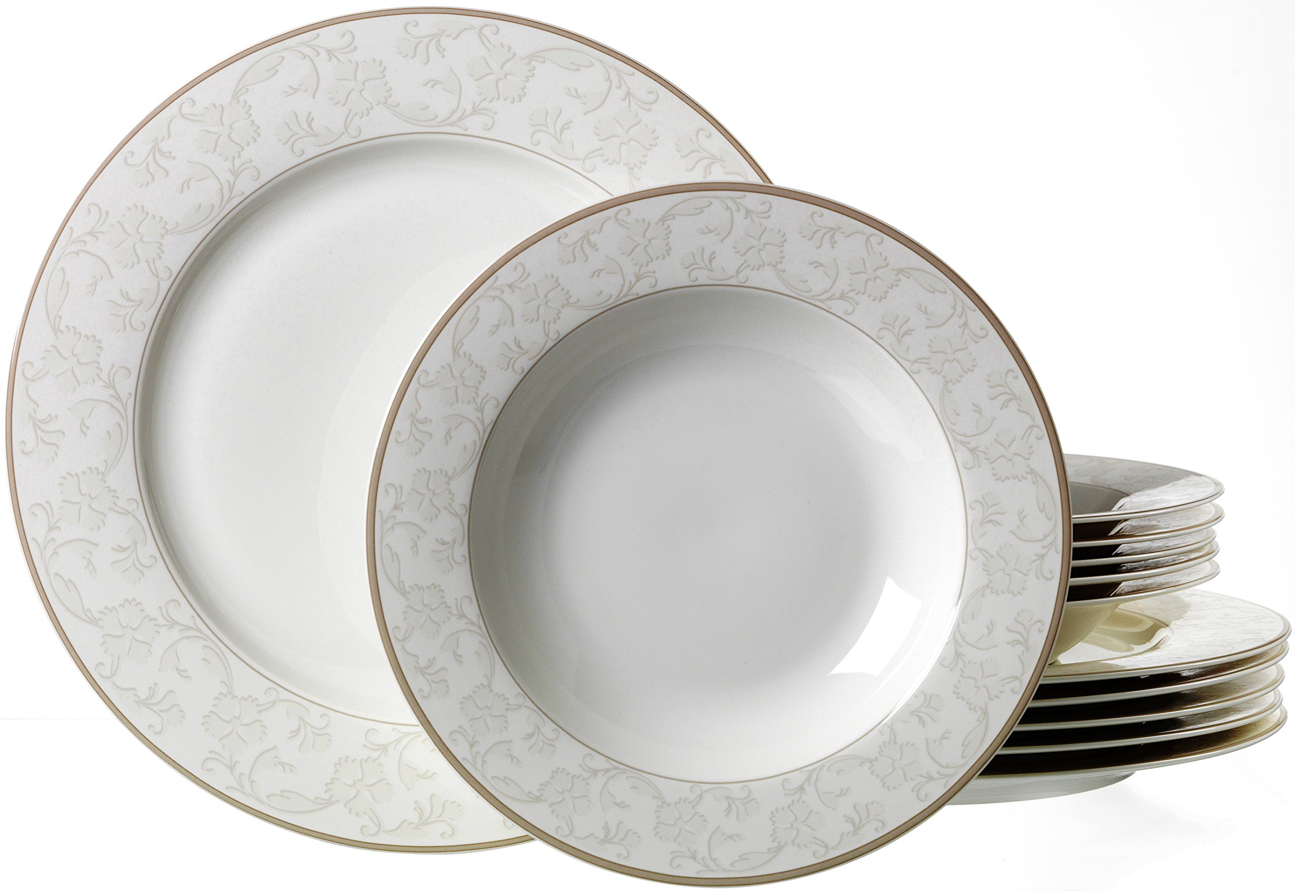 Isabella Table Service, 12-Piece Set, Fine China Porcelain, White with Ornamental Design
