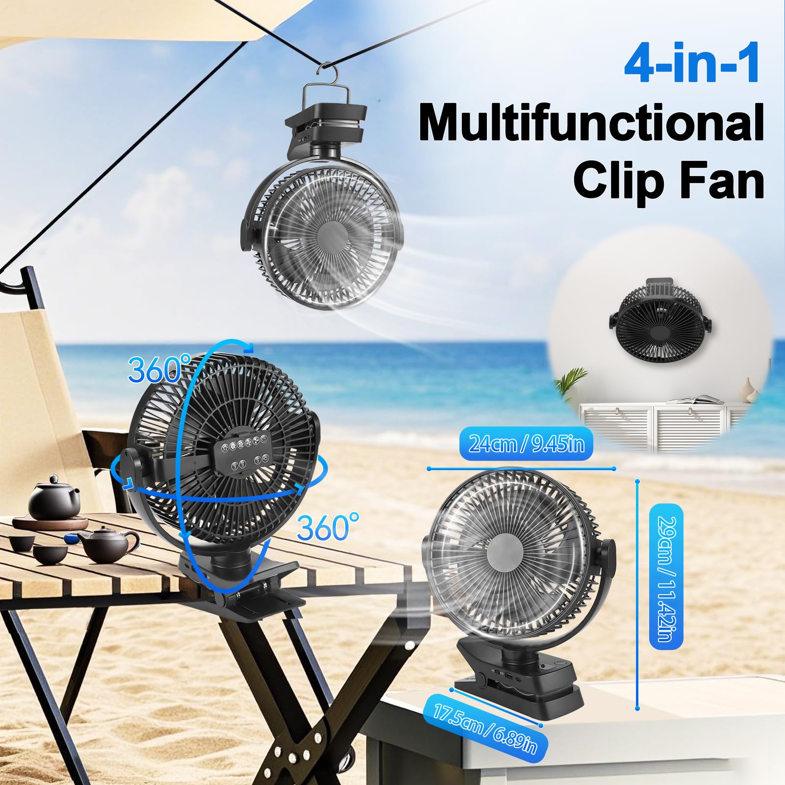Ventilatore Portatile con Clip, 12000mAh Mini Ventilatore USB | Ventilatore Portatile Silenzioso a 5 Velocità con Telecomando, Timer e Luci LED, Ventilatore da Tavolo con Rotazione di 360°