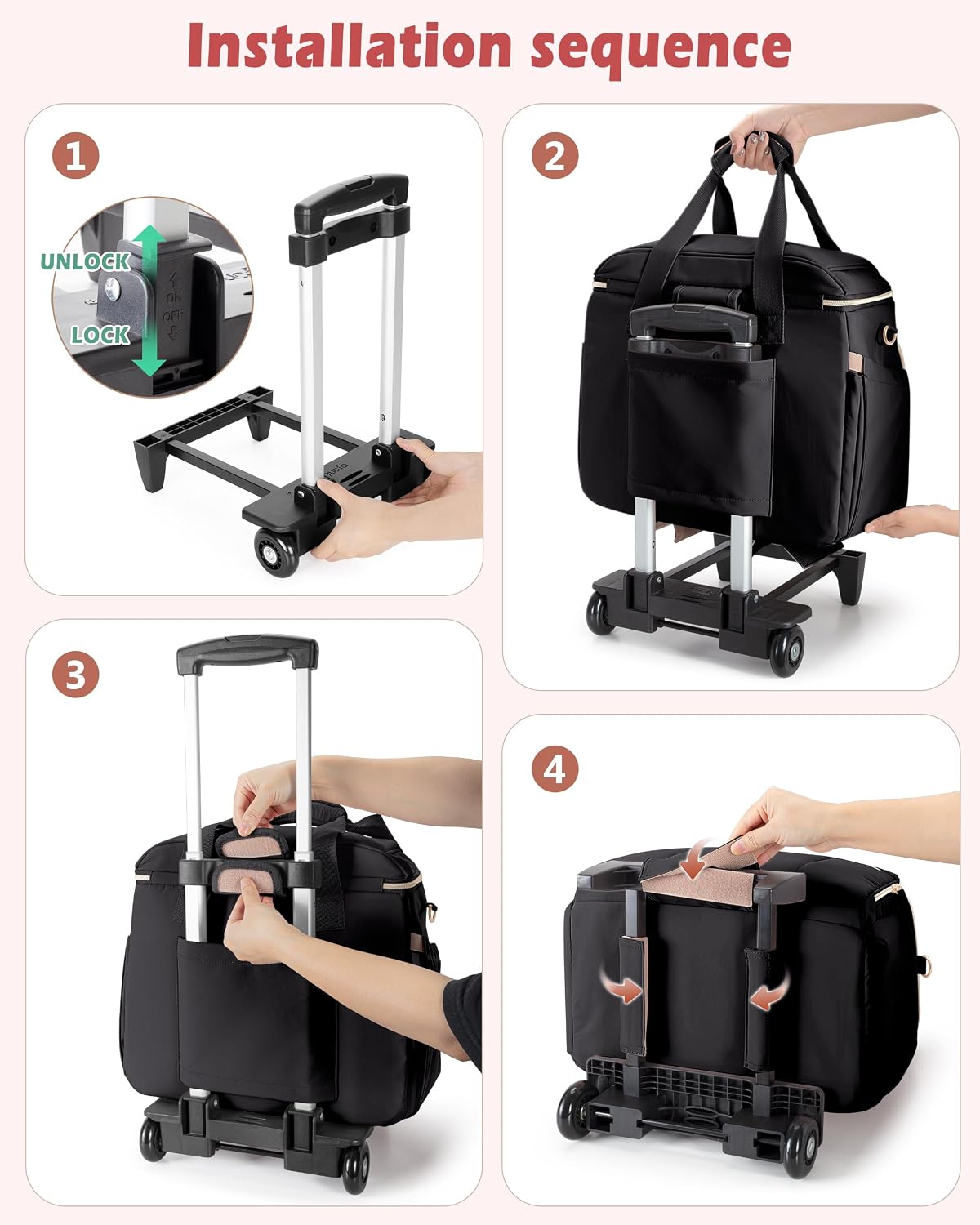 Marscamd Rolling Teacher Bag with Accordion File Organizer & 15.6" Laptop Compartment, Wheeled Work Briefcase Tote with Detachable Trolley & Crossbody Strap for Women, Black
