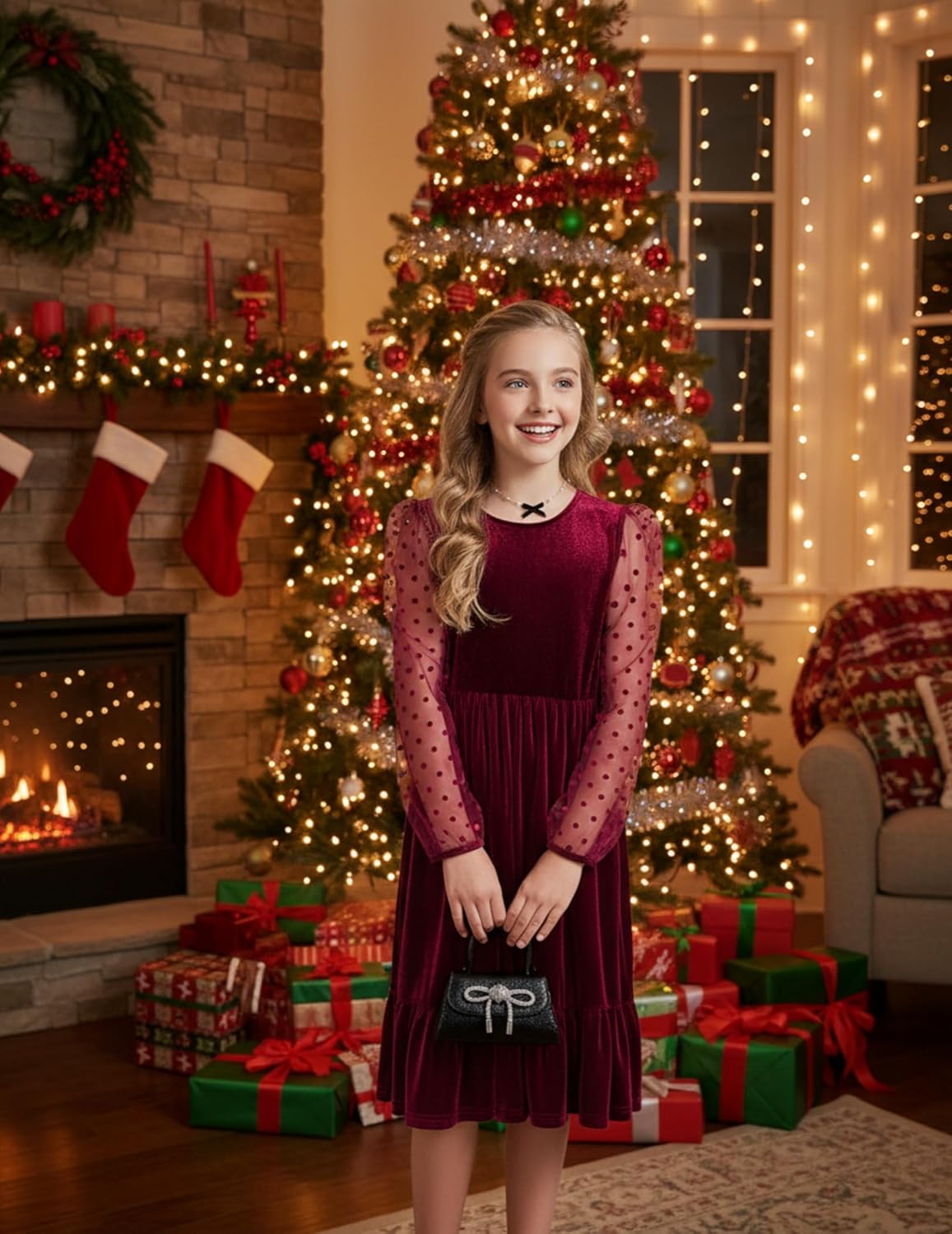 Arshiner Girls Dresses Contrast Mesh Velvet Long Sleeve A-Line Vintage Party Dress with Pockets - Image 9