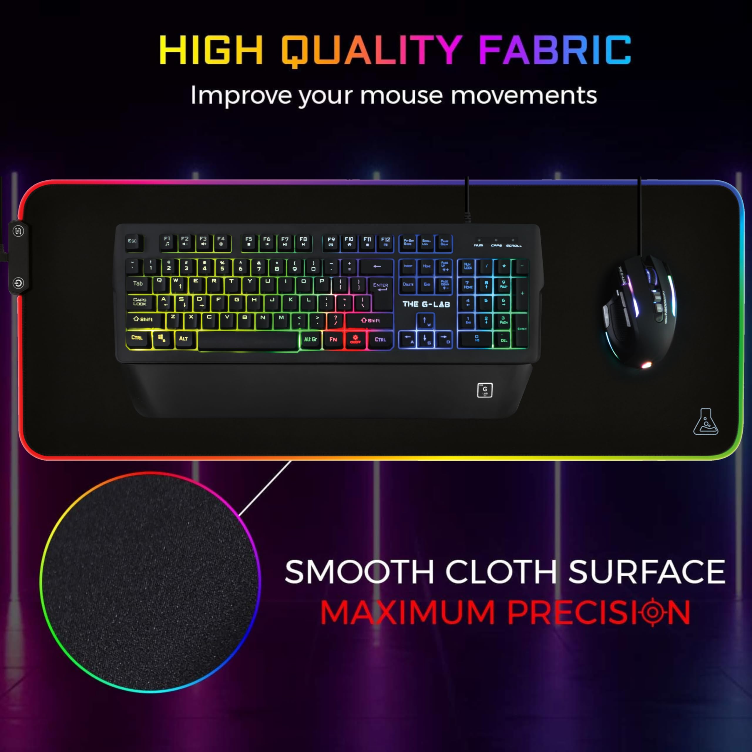 THE G-LAB Pad RUBIDIUM - Tappetino per Mouse RGB - Tappetino per Mouse Gaming XXL - Retroilluminazione LED, Resistente All'Acqua, Tessuto D'Elevata Precisione, Base In Gomma Antiscivolo, 800x300x3mm